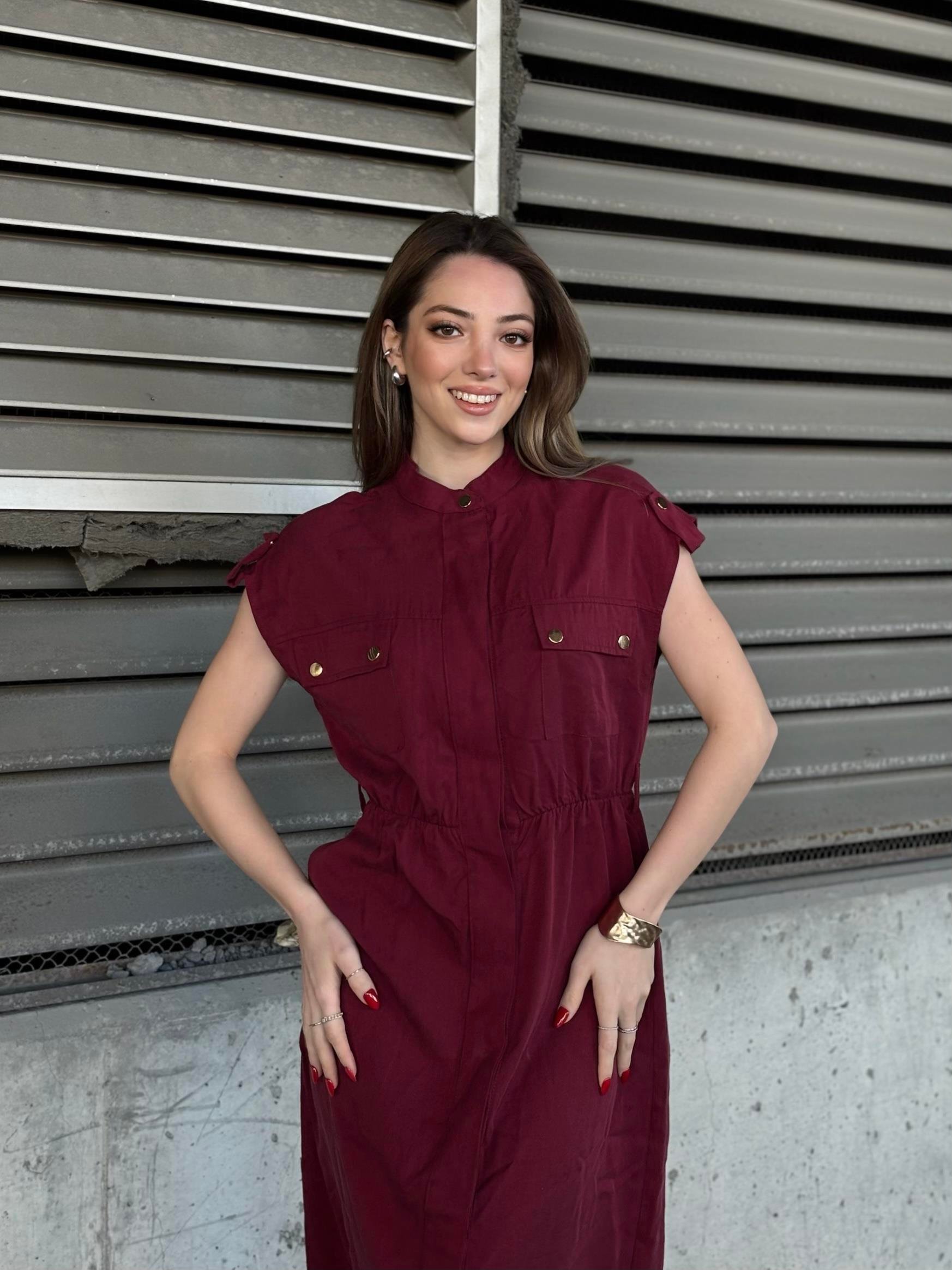 Hakim Yaka Kemerli Düğmeli Uzun Elbise 50311