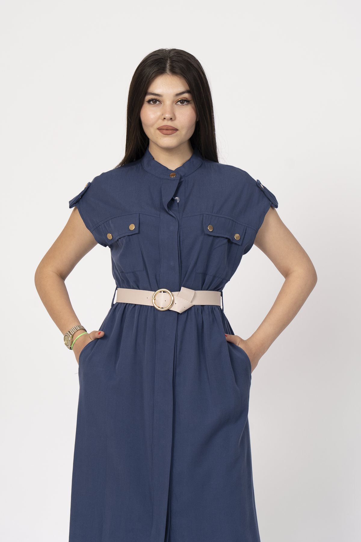 Hakim Yaka Kemerli Düğmeli Uzun Elbise 50311