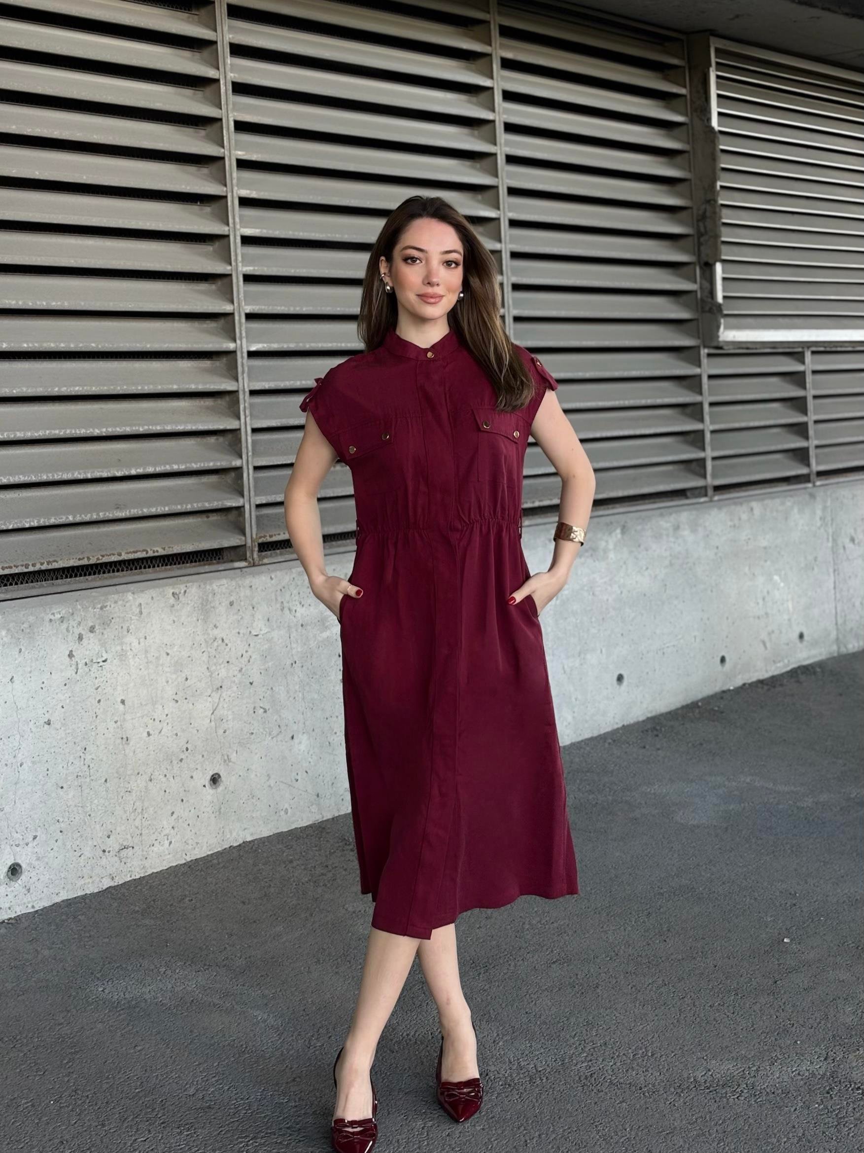 Hakim Yaka Kemerli Düğmeli Uzun Elbise 50311