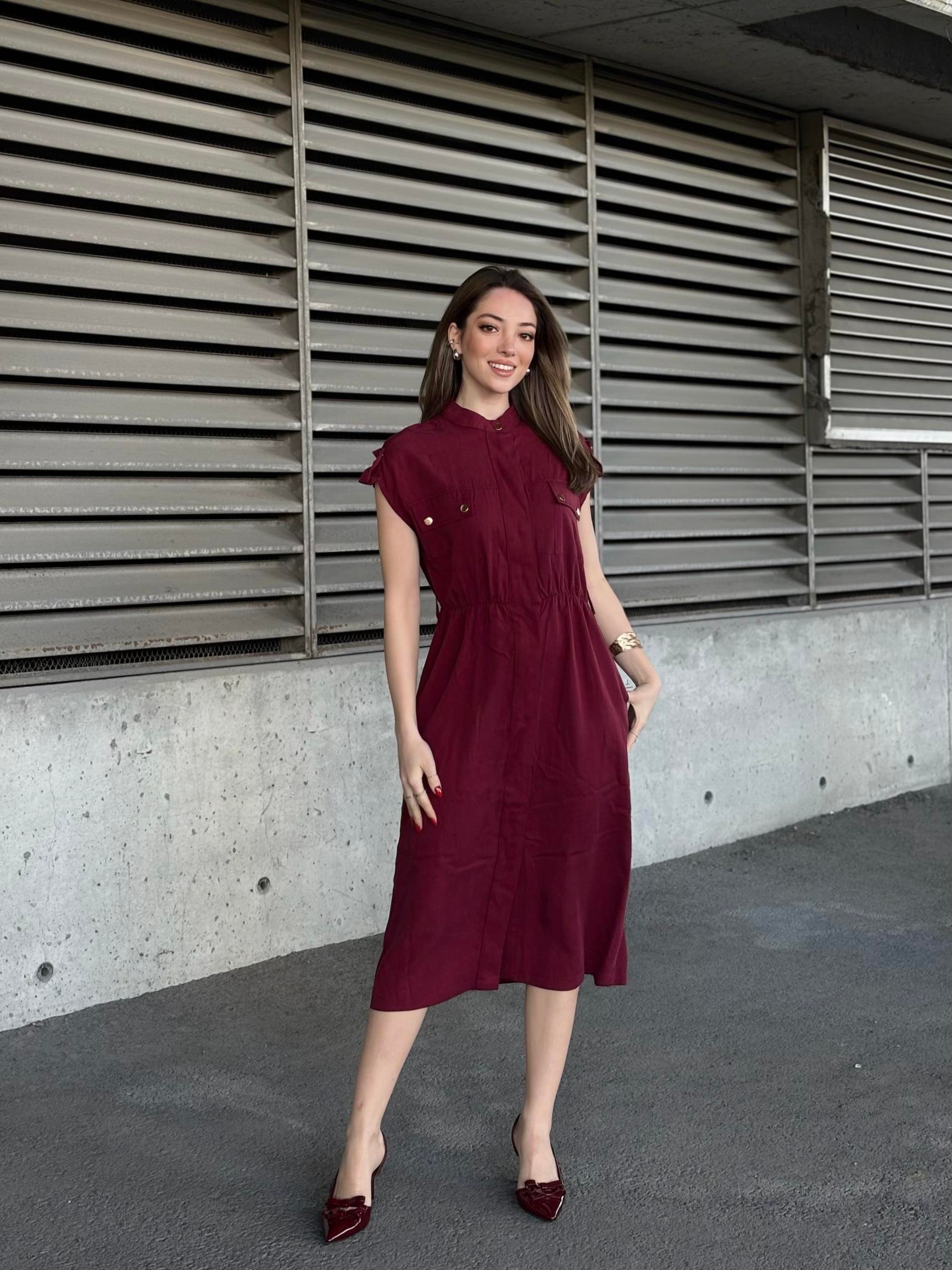 Hakim Yaka Kemerli Düğmeli Uzun Elbise 50311