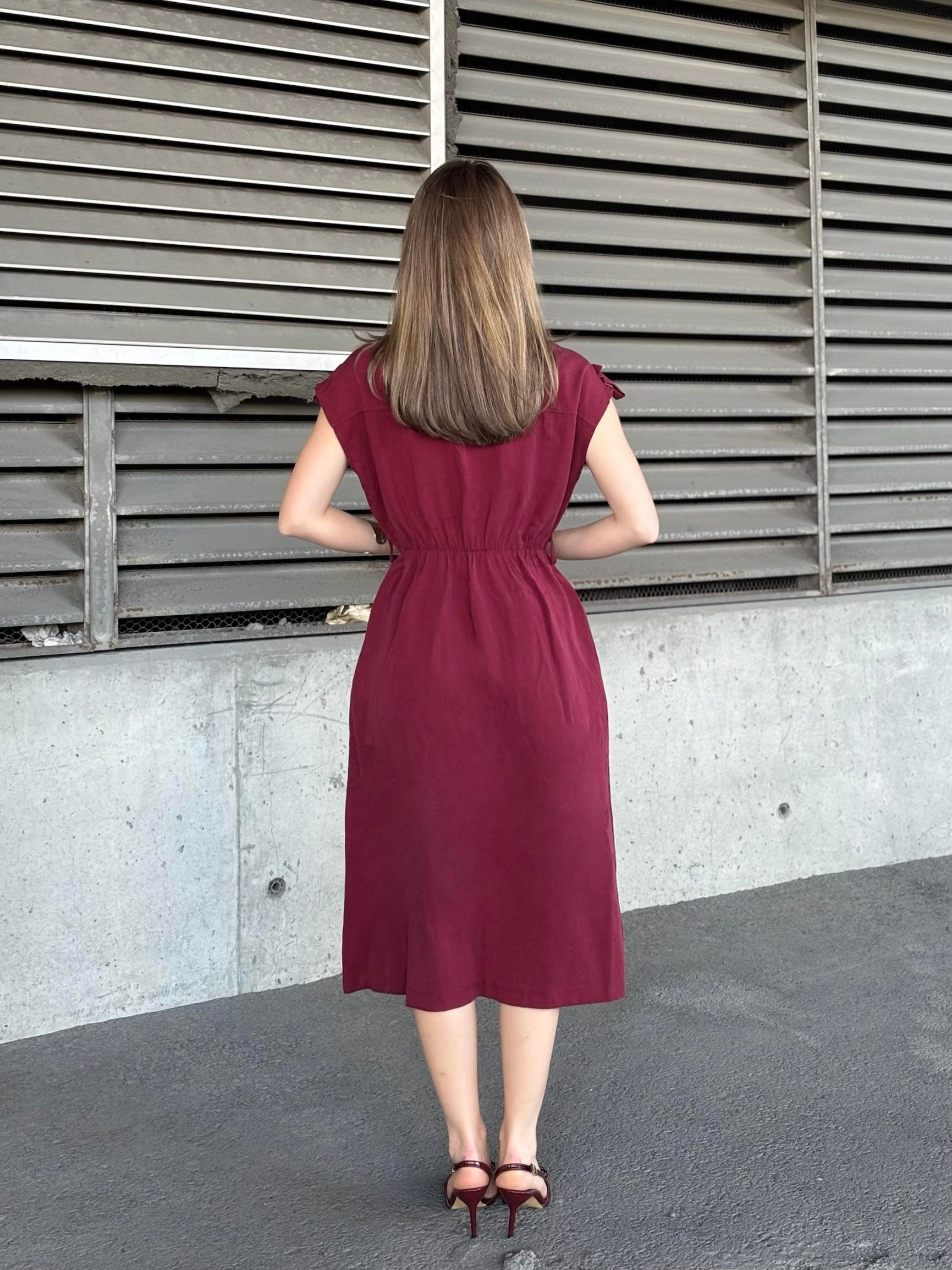 Hakim Yaka Kemerli Düğmeli Uzun Elbise 50311