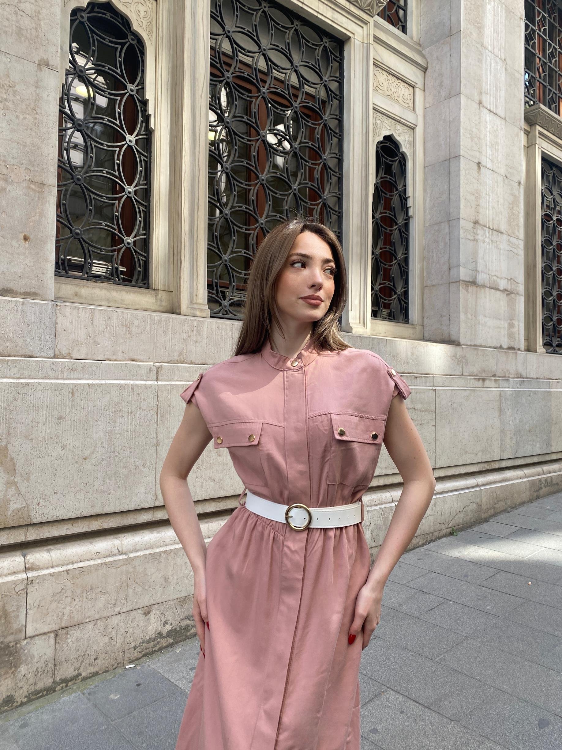 Hakim Yaka Kemerli Düğmeli Uzun Elbise 50311