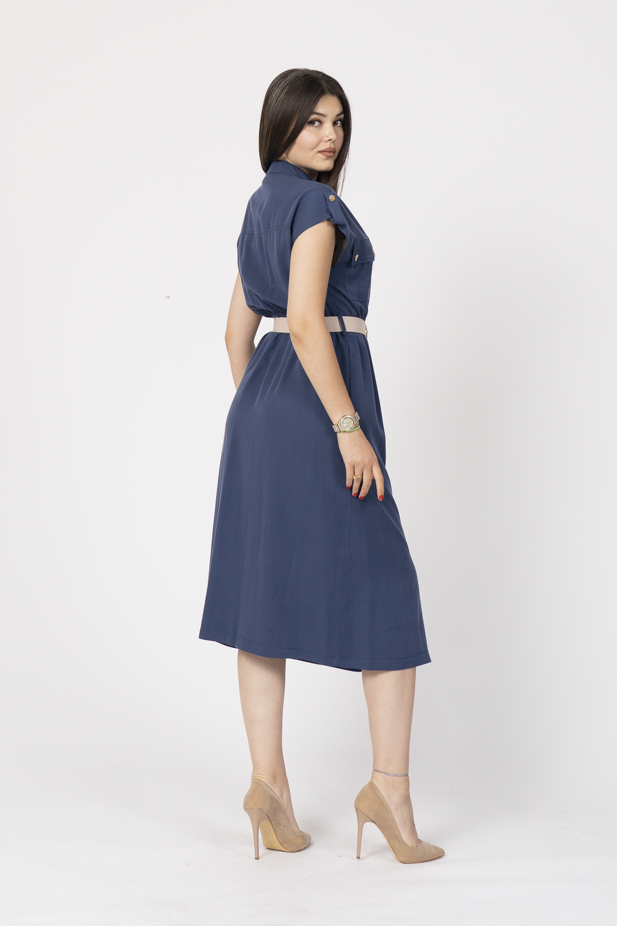 Hakim Yaka Kemerli Düğmeli Uzun Elbise 50311