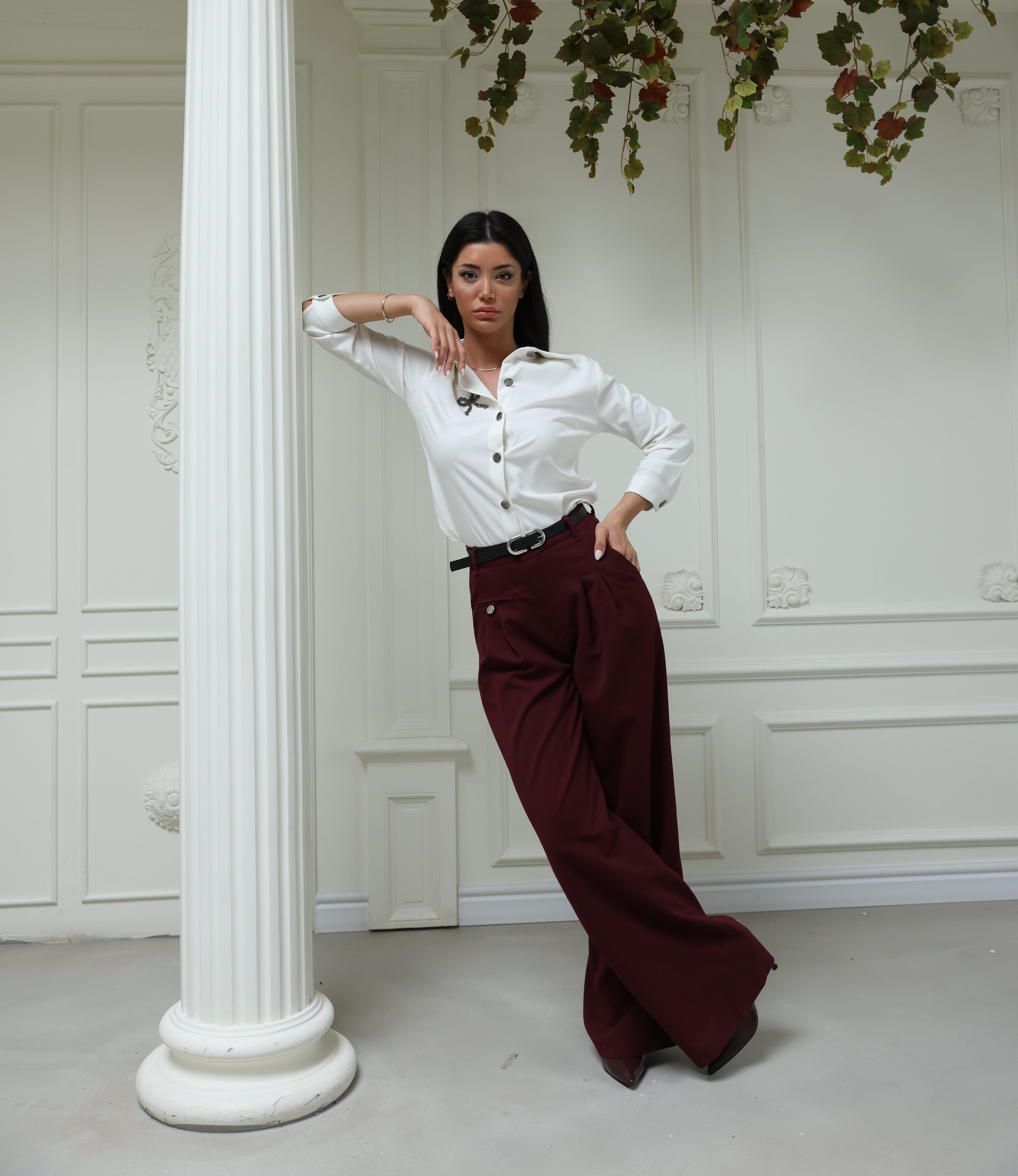 Kemerli Ve Pileli Bol Paça Pantolon 30222