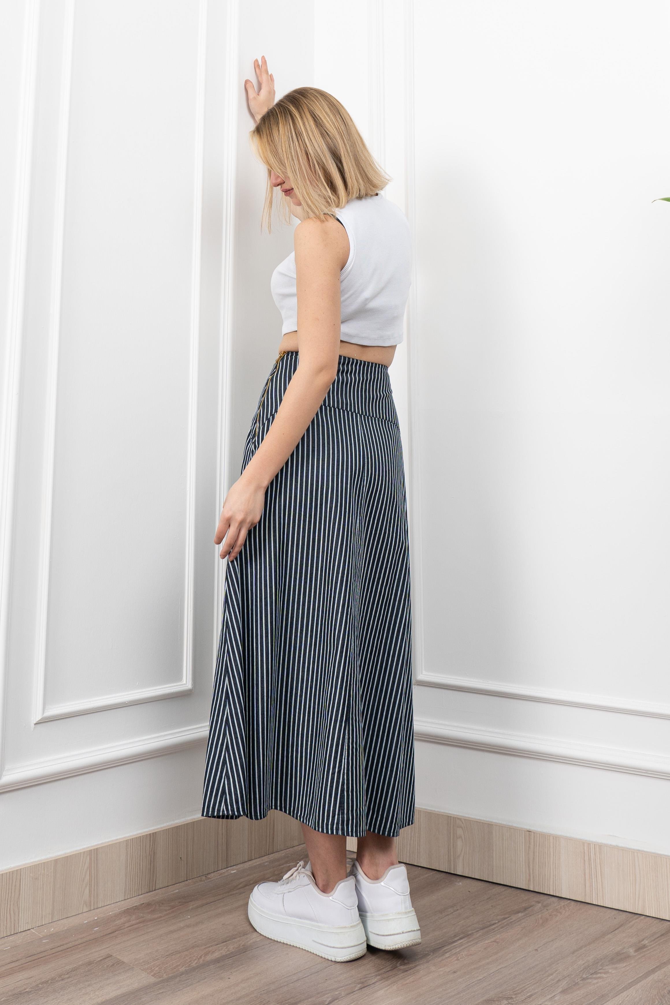 Korsaj Altı Büzgülü Çizgili Uzun Etek 6797