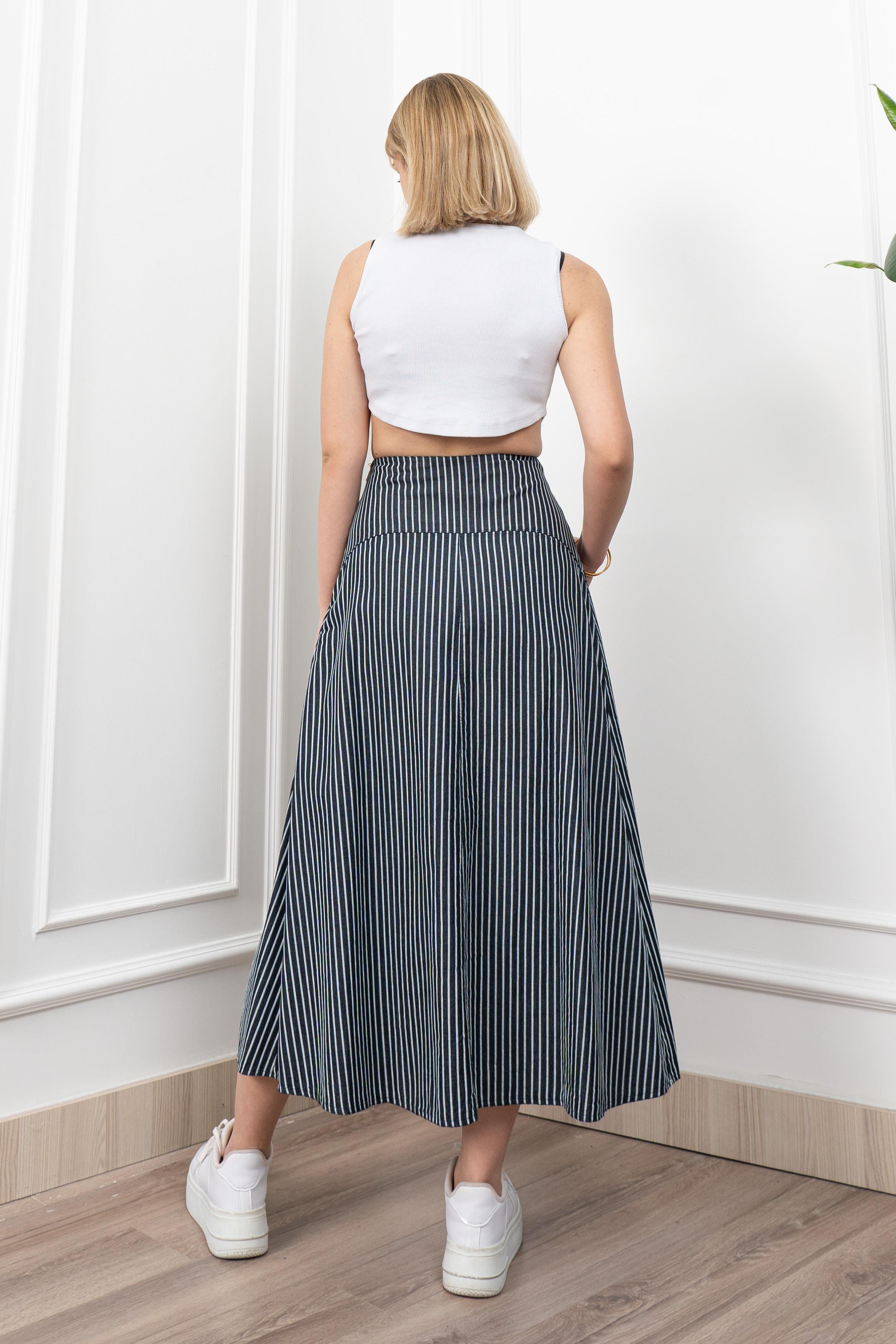 Korsaj Altı Büzgülü Çizgili Uzun Etek 6797