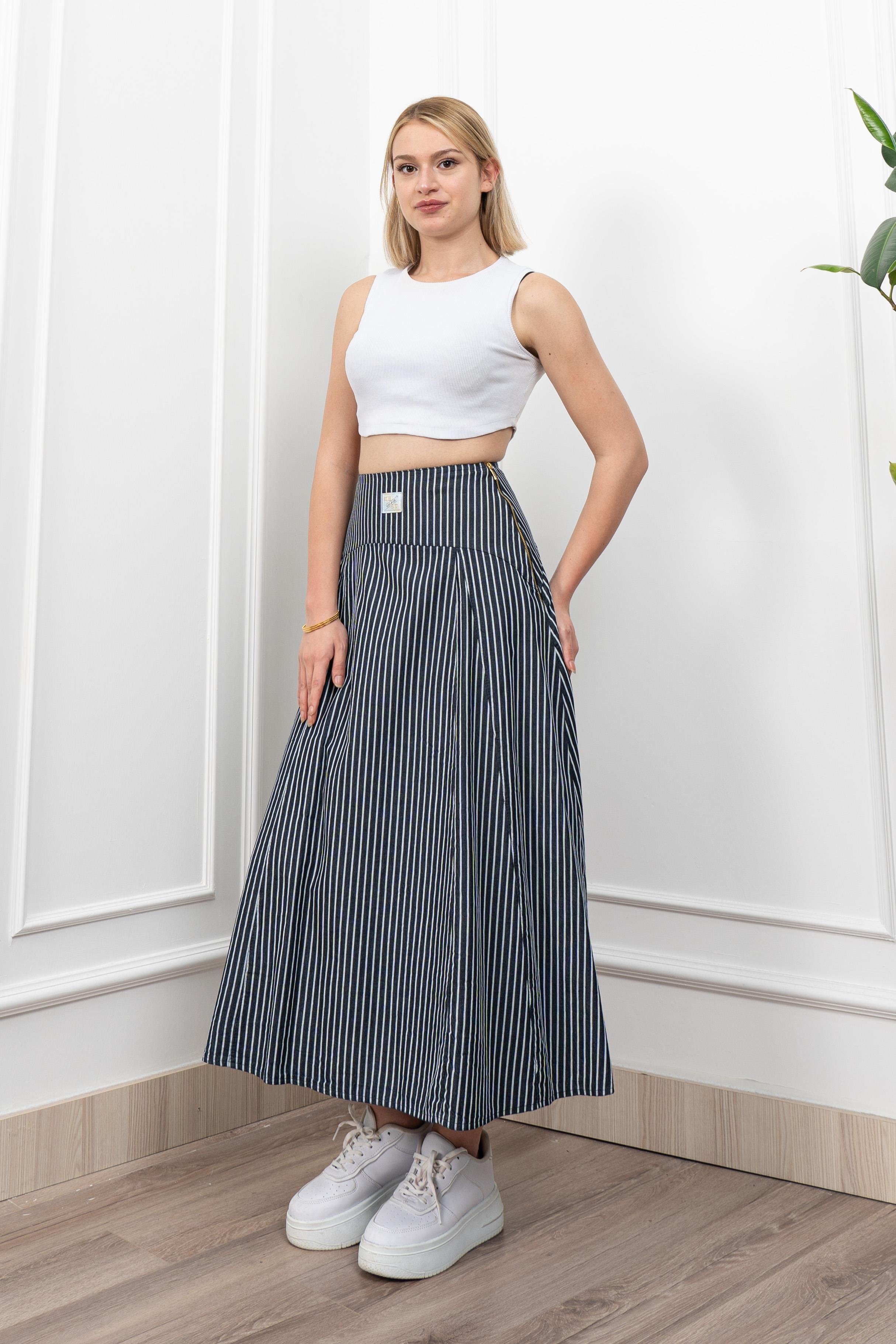 Korsaj Altı Büzgülü Çizgili Uzun Etek 6797