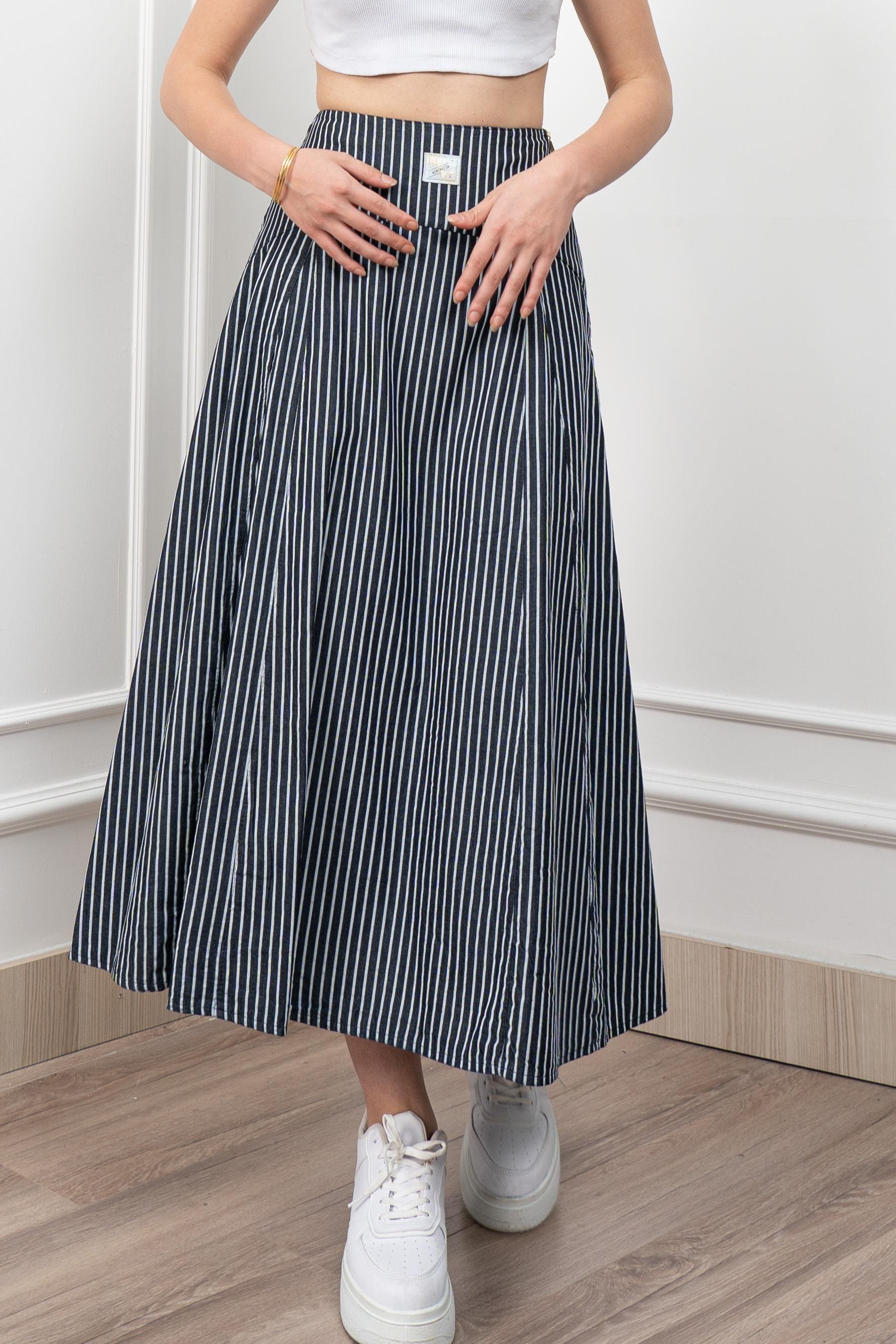Korsaj Altı Büzgülü Çizgili Uzun Etek 6797
