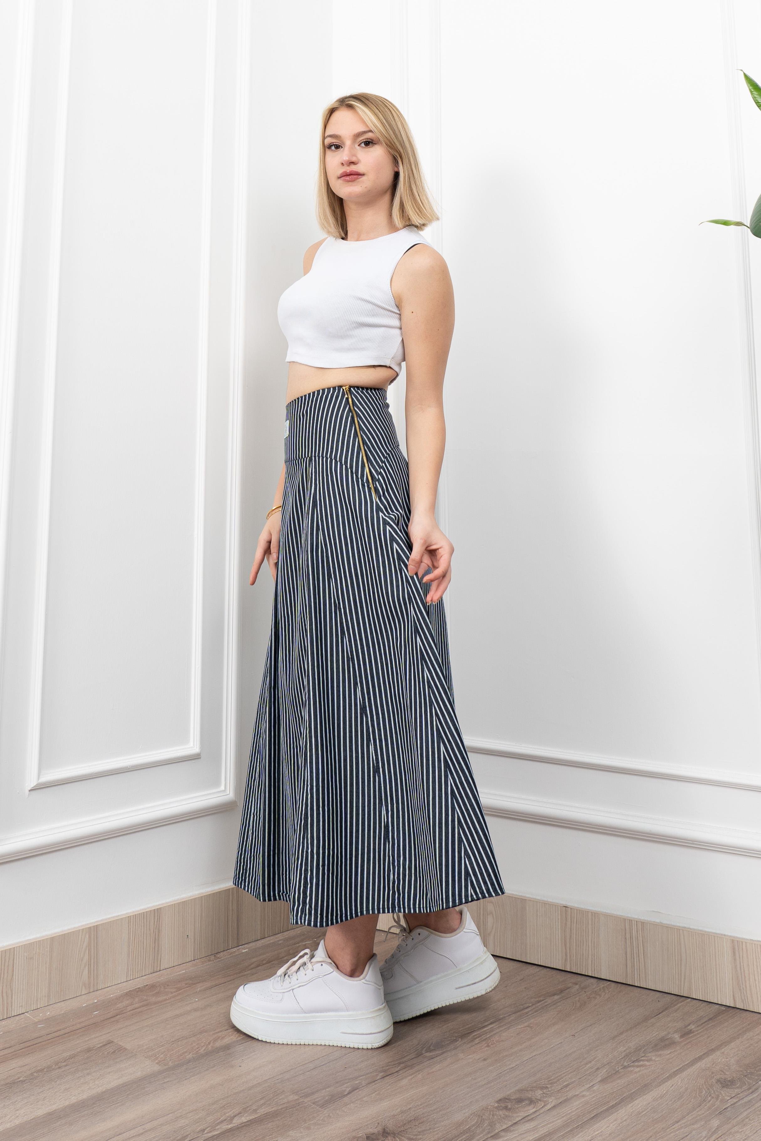 Korsaj Altı Büzgülü Çizgili Uzun Etek 6797