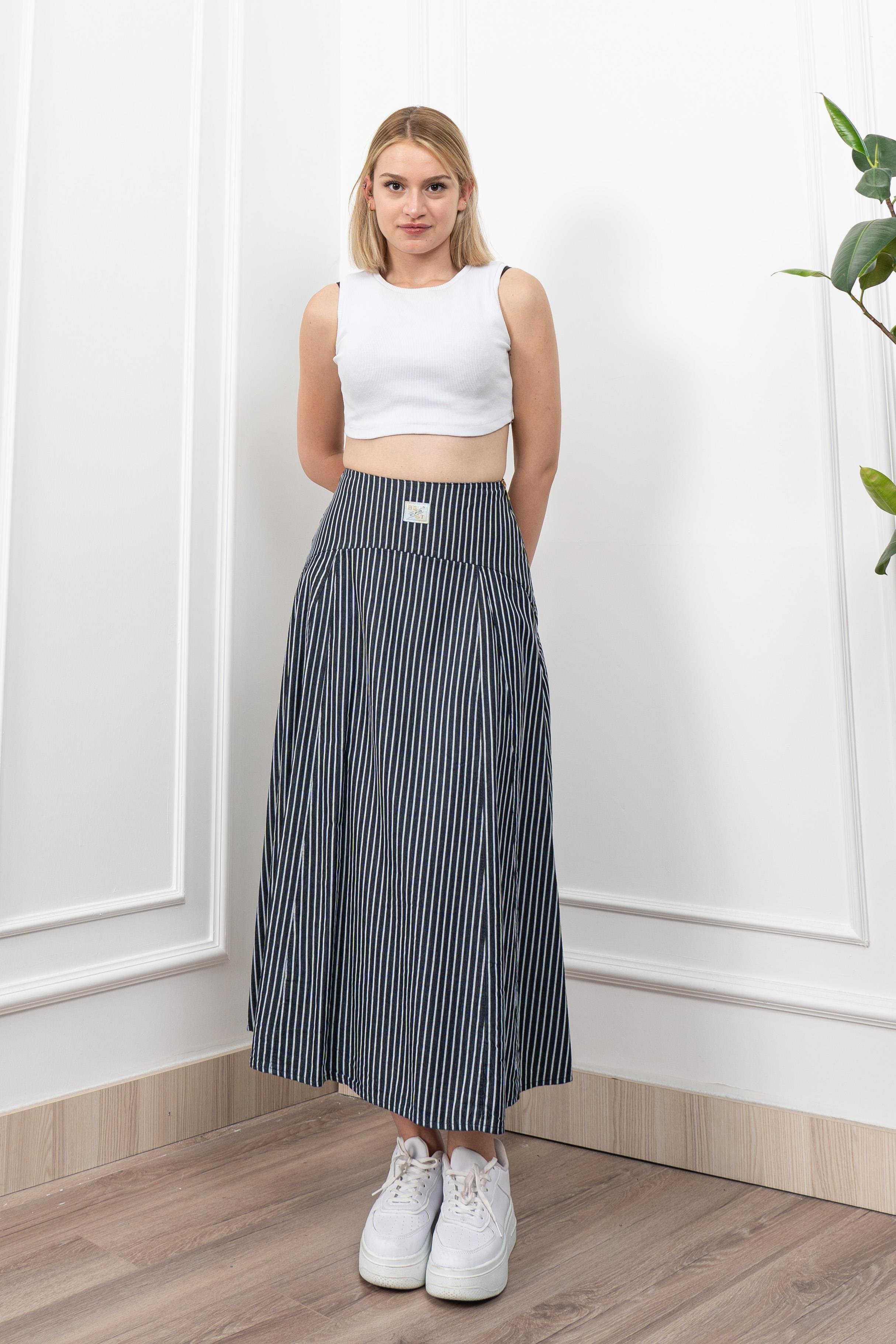 Korsaj Altı Büzgülü Çizgili Uzun Etek 6797