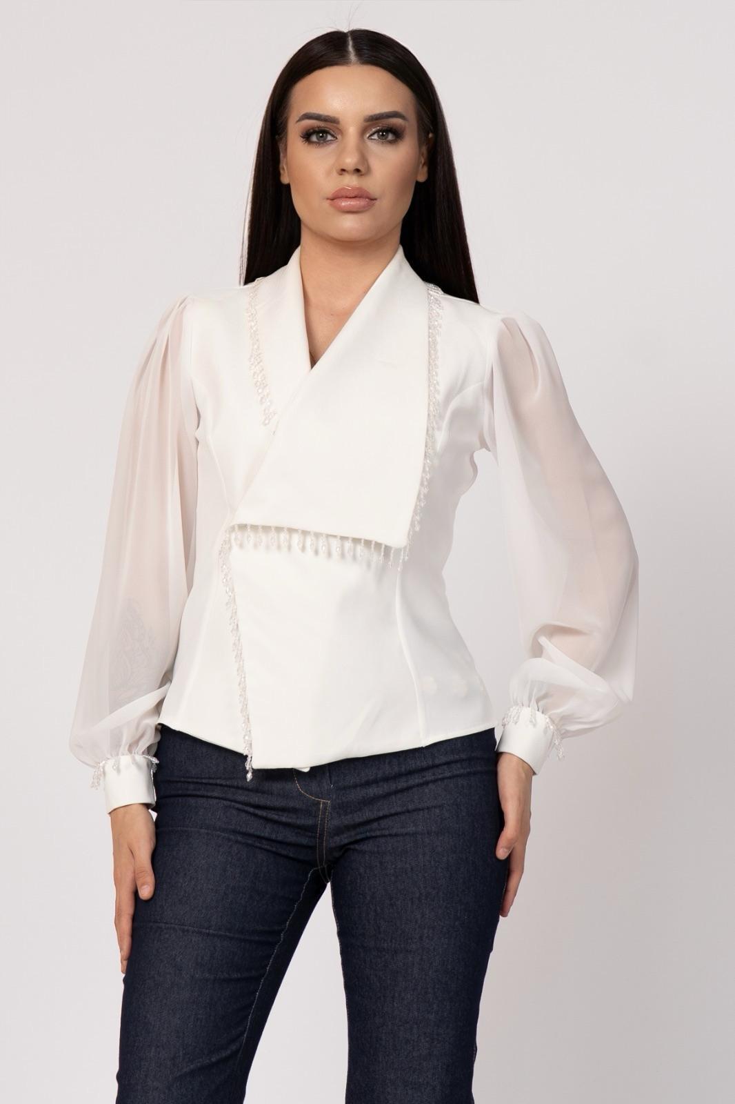 Kruvaze Yaka Taş Detaylı Kolları Transparan Bluz 2781