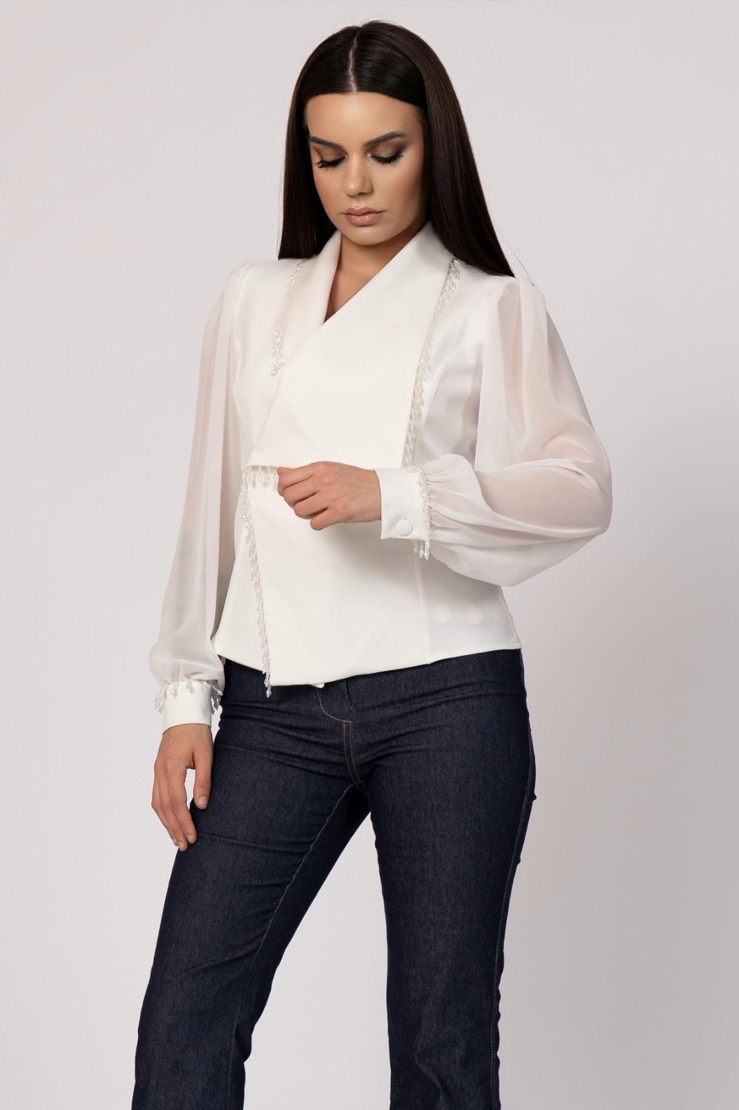 Kruvaze Yaka Taş Detaylı Kolları Transparan Bluz 2781