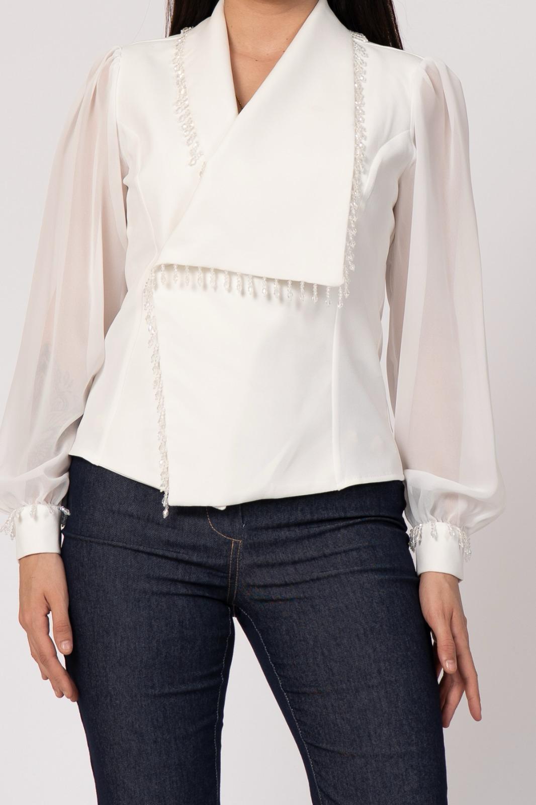 Kruvaze Yaka Taş Detaylı Kolları Transparan Bluz 2781