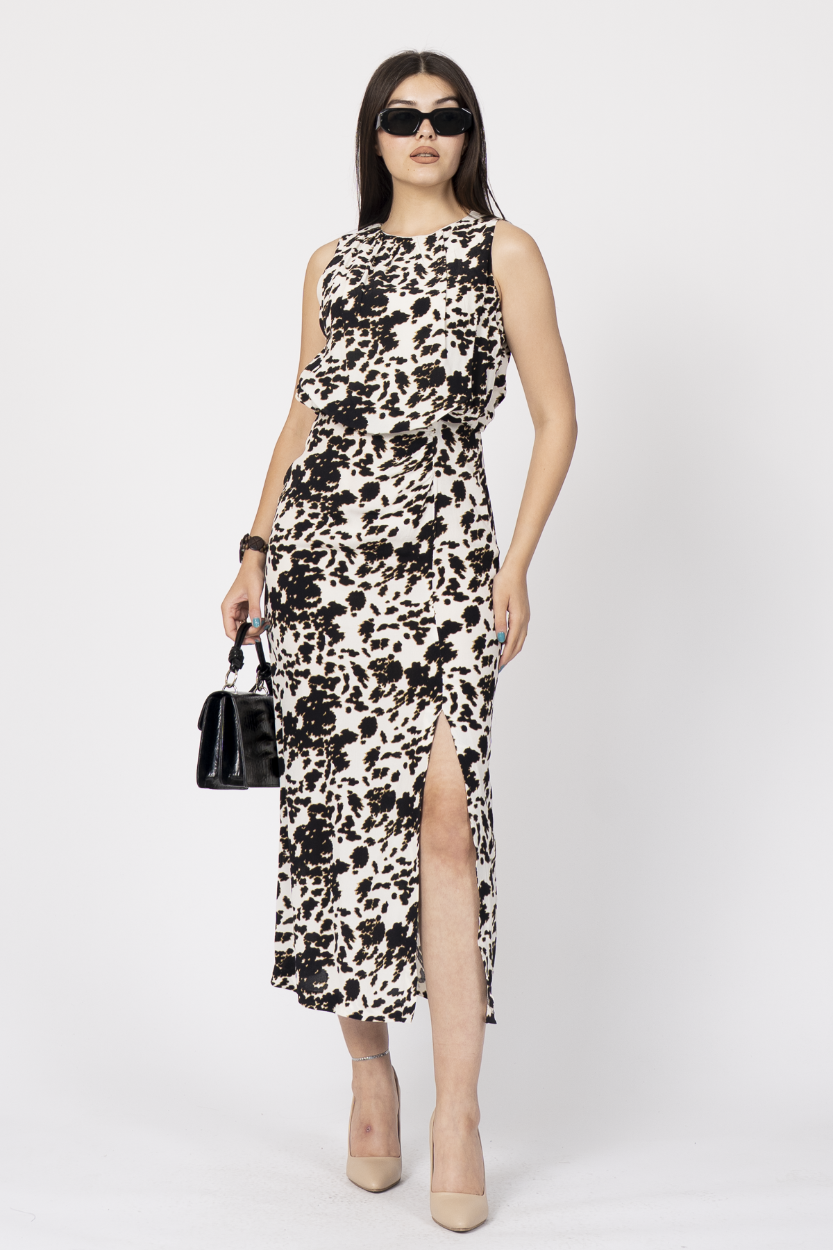 Leopar Desenli Ön Pile Ve Yırtmaç Detaylı Uzun Elbise 50312