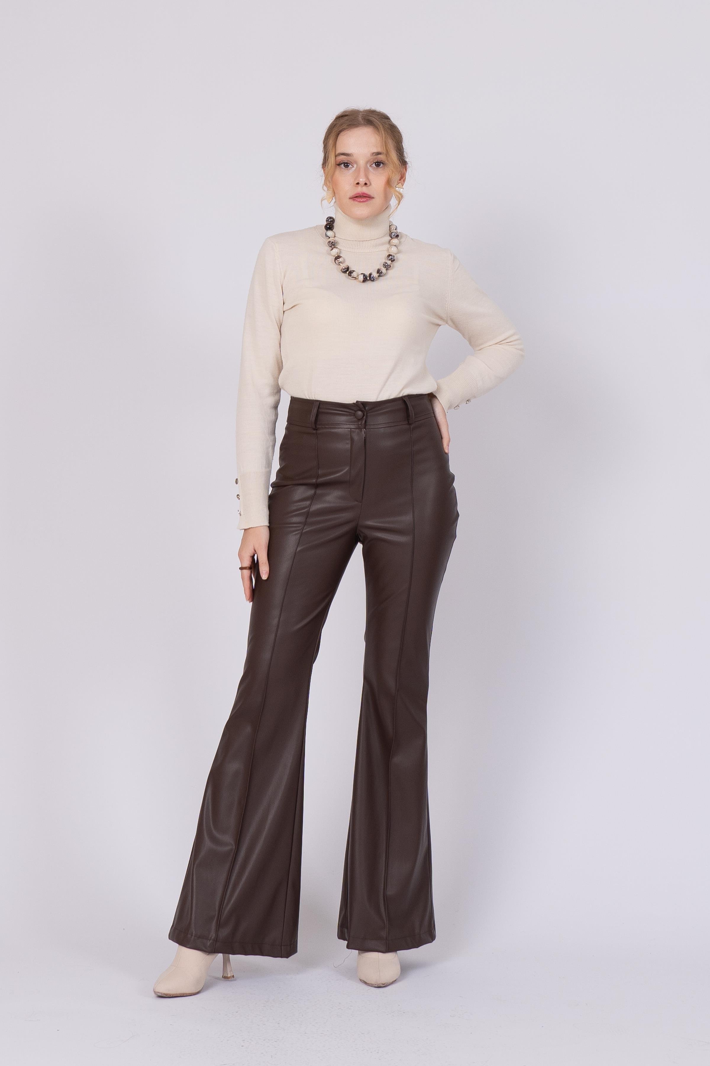 Nervür Dikişli İspanyol Paça Deri Pantolon 3942