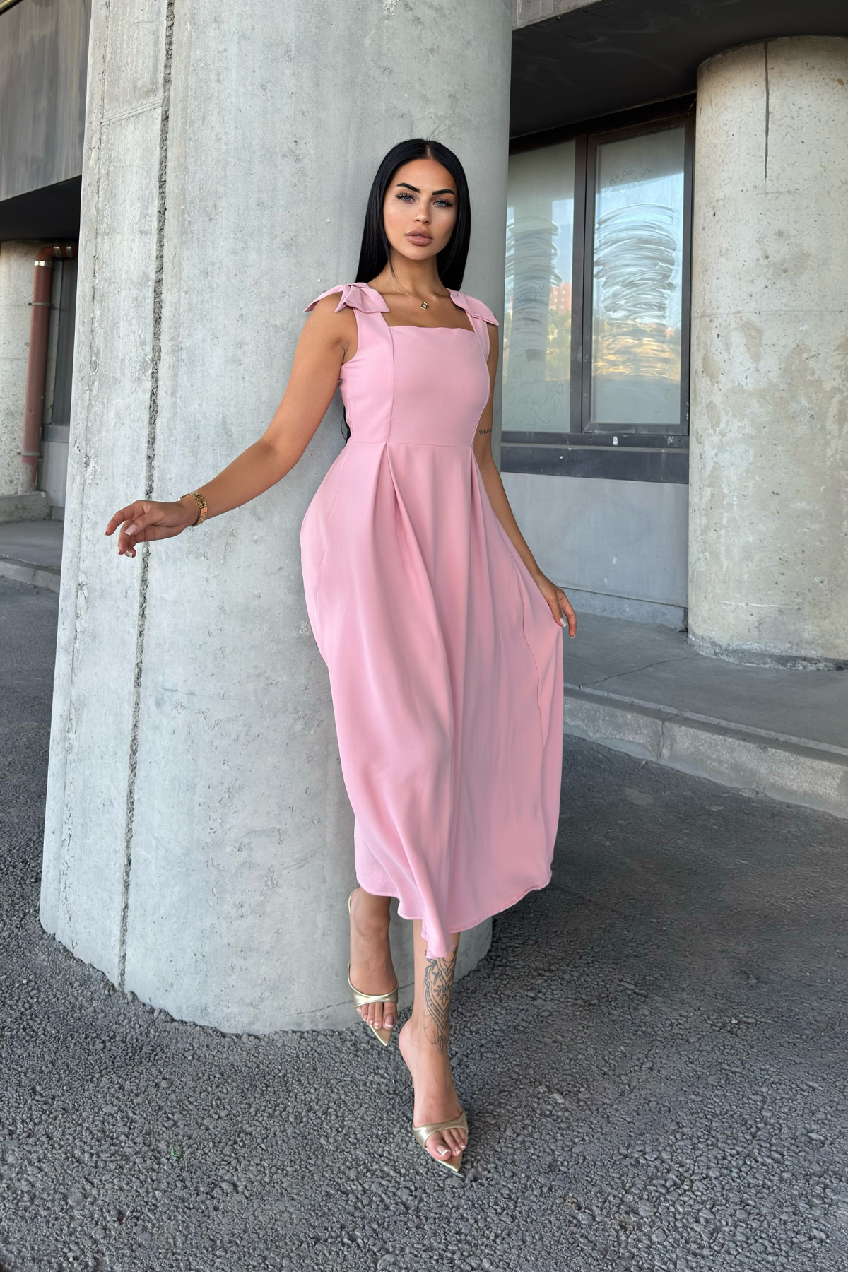 Omuz Fiyonk Detaylı Uzun Elbise 50332