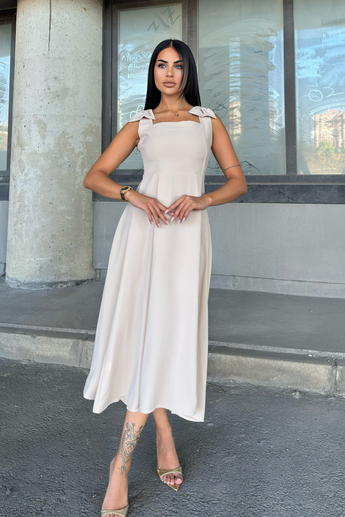 Omuz Fiyonk Detaylı Uzun Elbise 50332