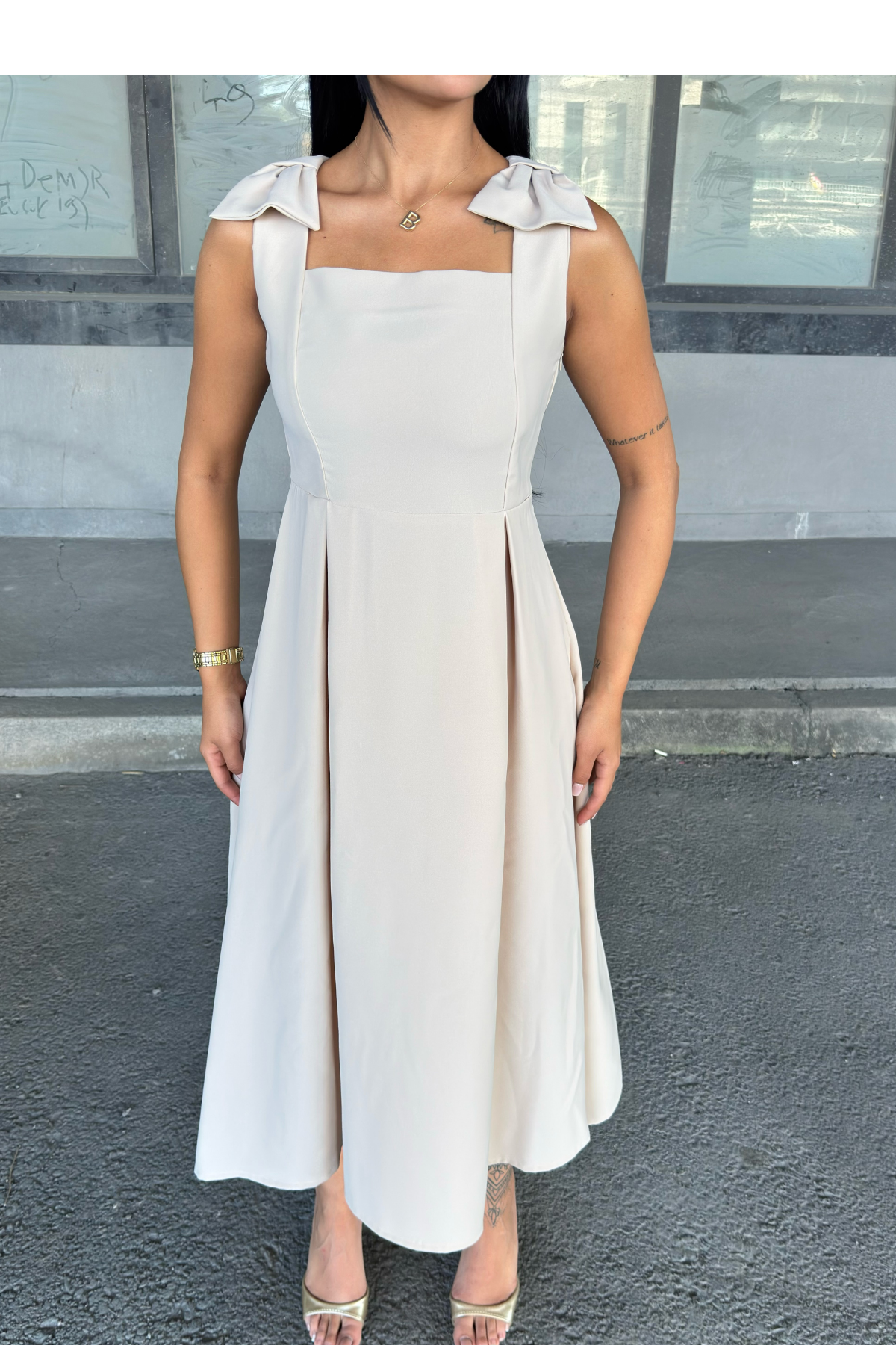 Omuz Fiyonk Detaylı Uzun Elbise 50332