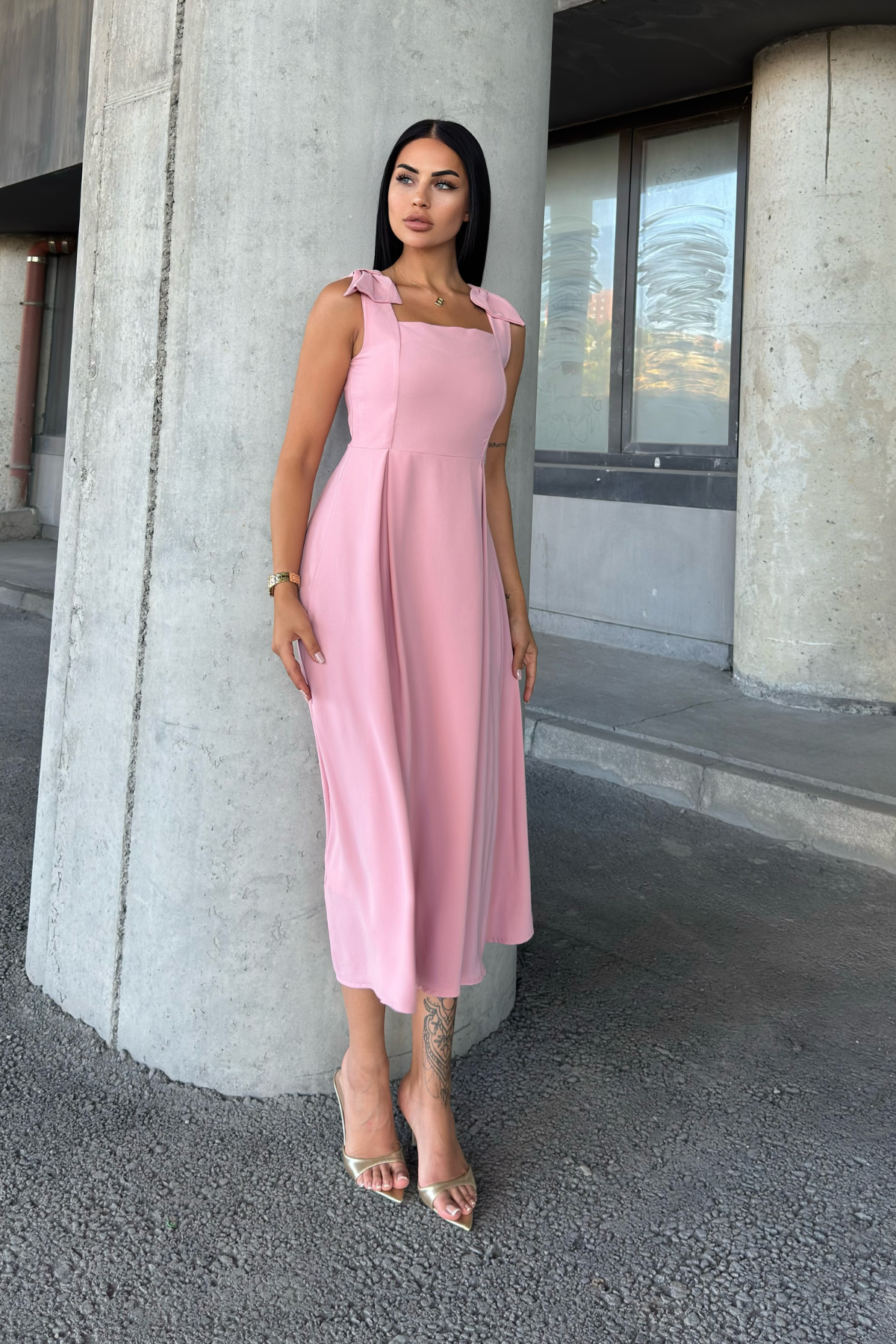 Omuz Fiyonk Detaylı Uzun Elbise 50332