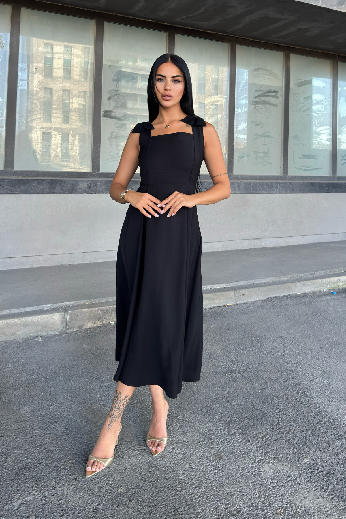 Omuz Fiyonk Detaylı Uzun Elbise 50332