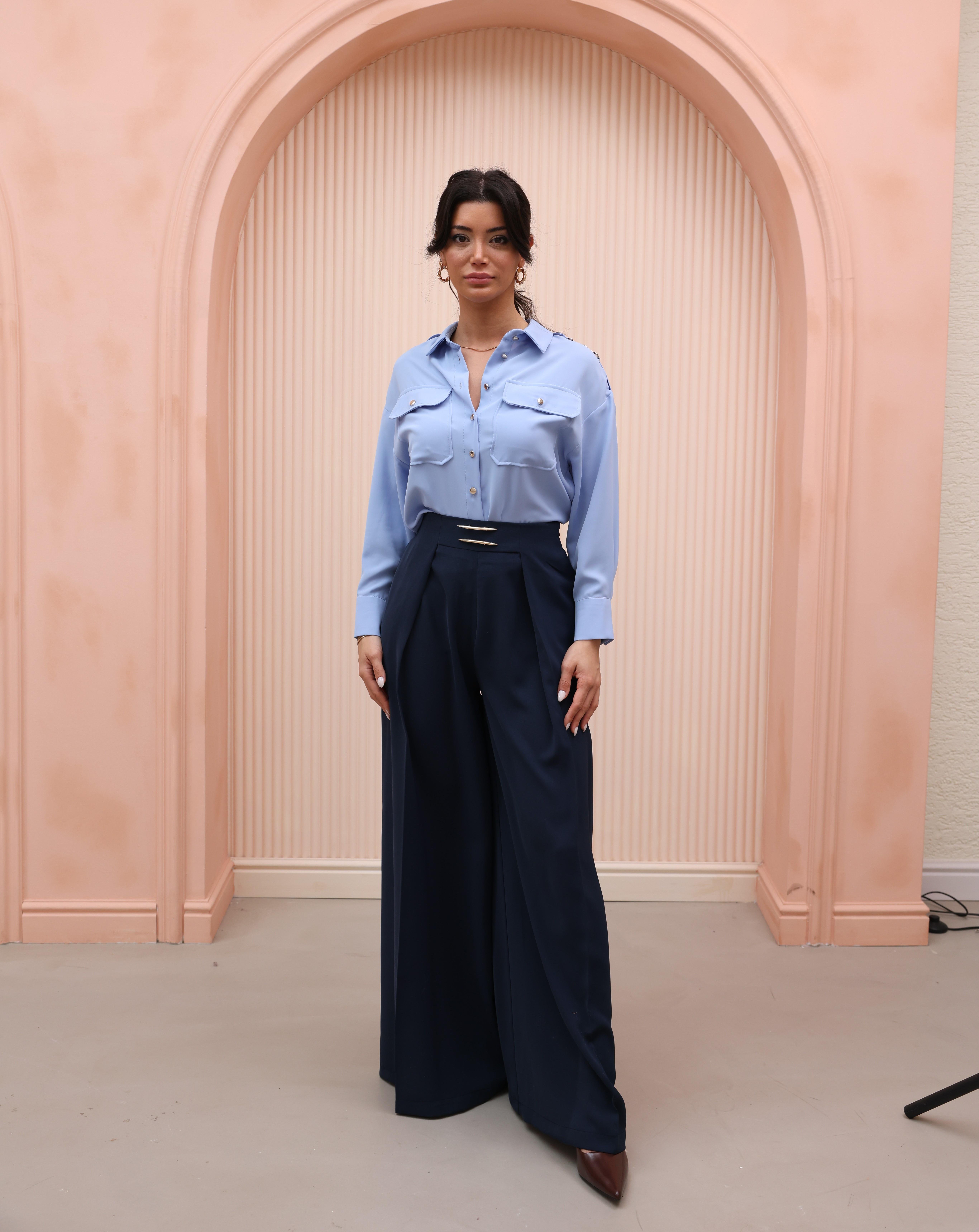 Ön Pile Ve Aksesuar Detaylı Cepli Bol Paça Pantolon 30221