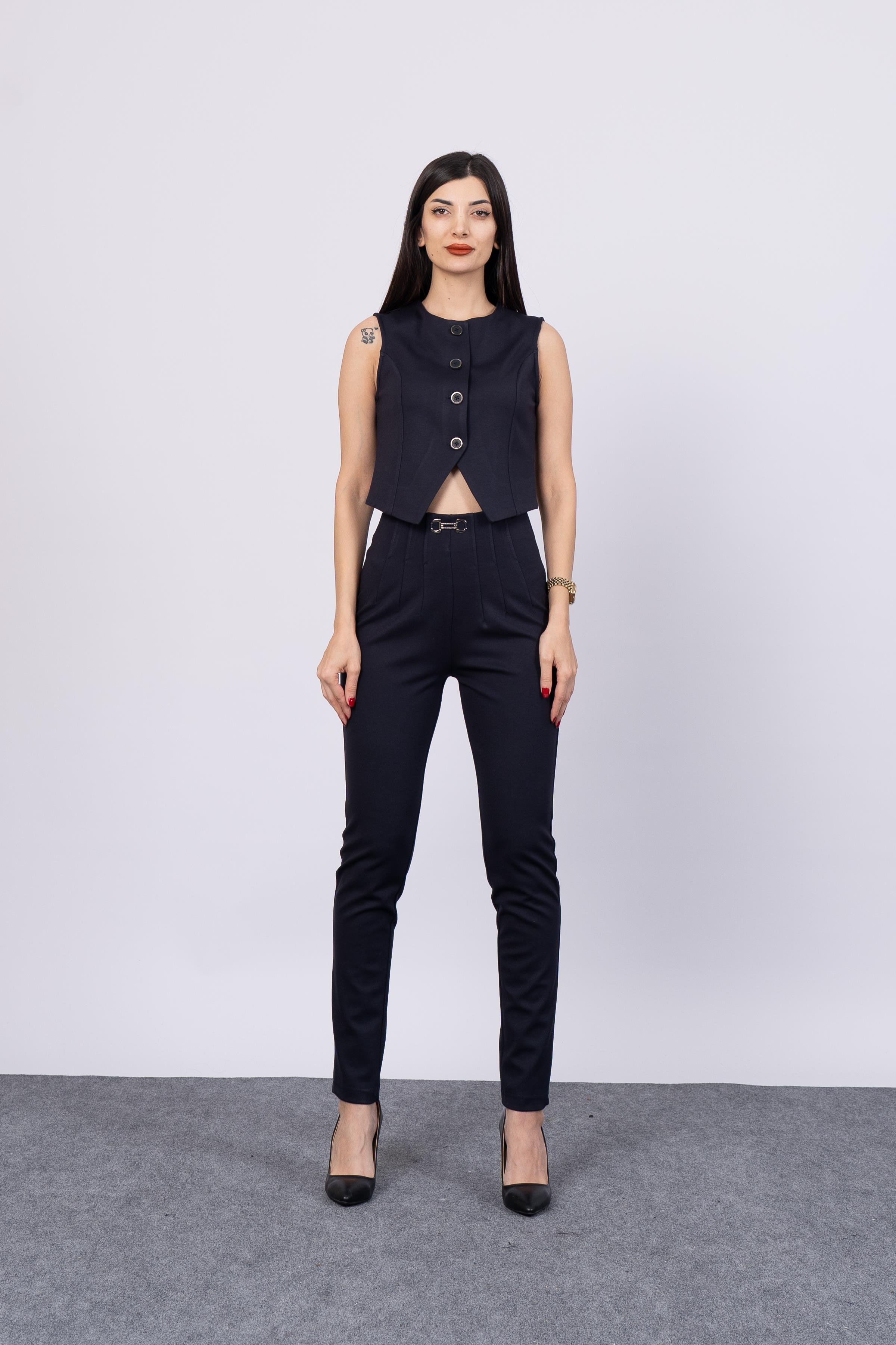 Önü Pens Ve Aksesuar Detaylı Çelik Örme Pantolon 30196