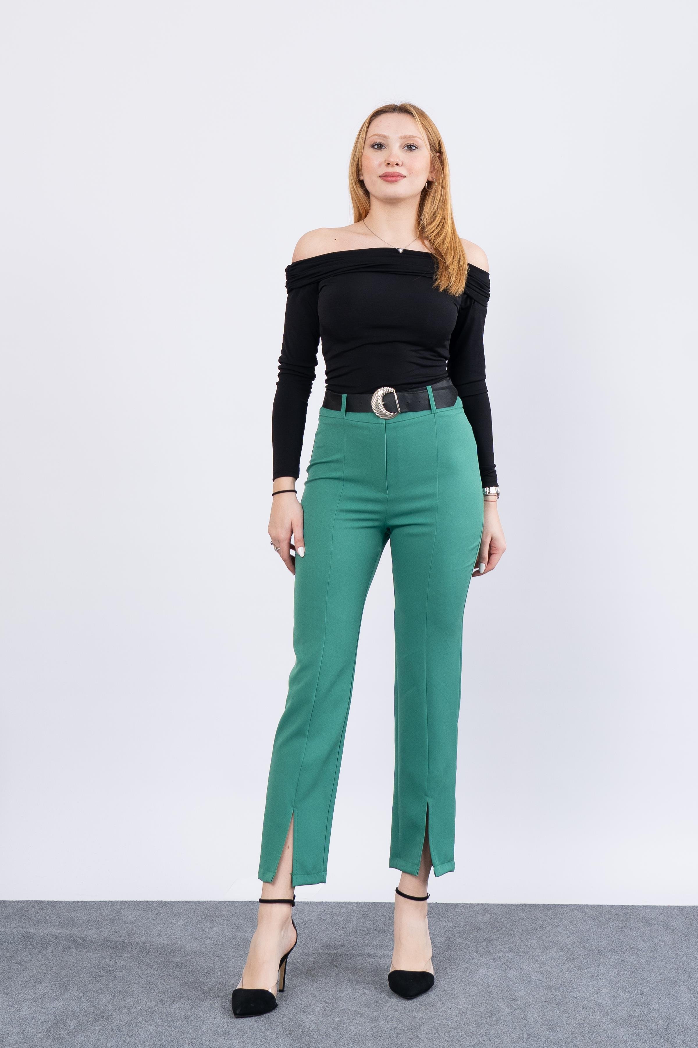 Paçası Yırtmaçlı Kemerli Pantolon 3878