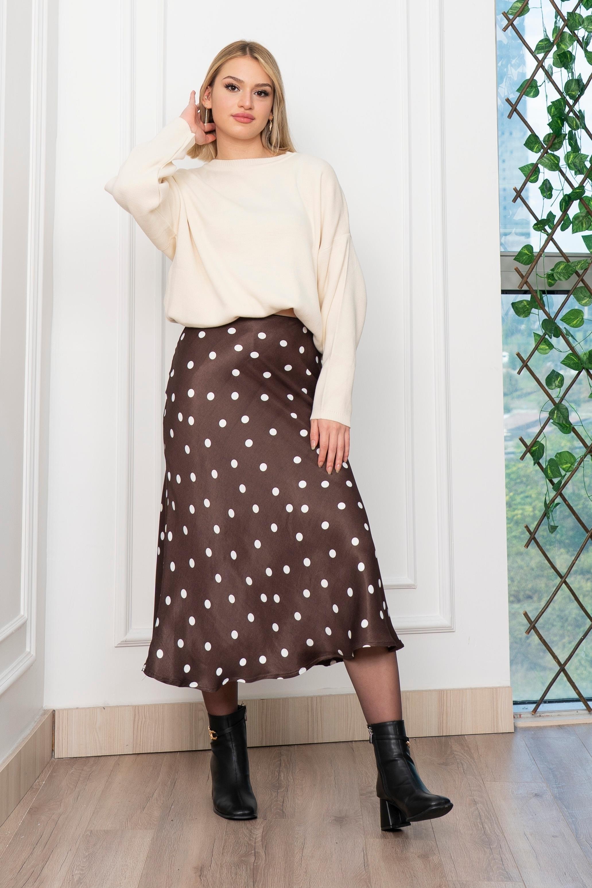 Puantiyeli Beli Lastikli Saten Viskon Etek 6822