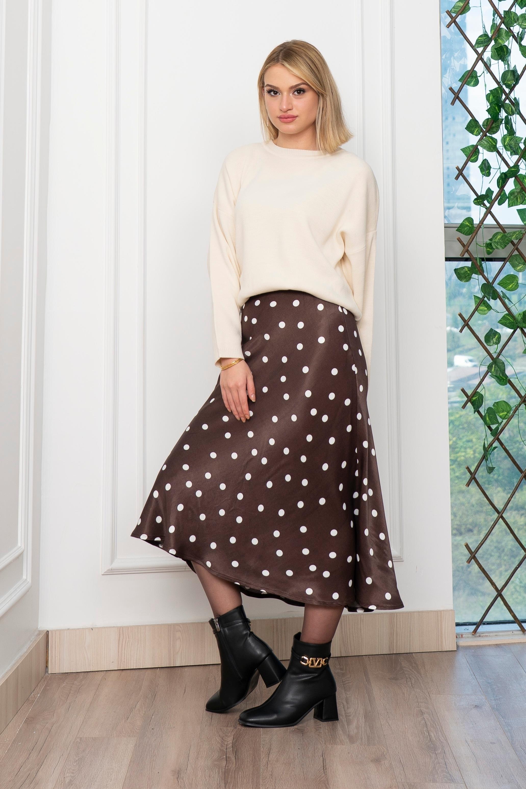 Puantiyeli Beli Lastikli Saten Viskon Etek 6822