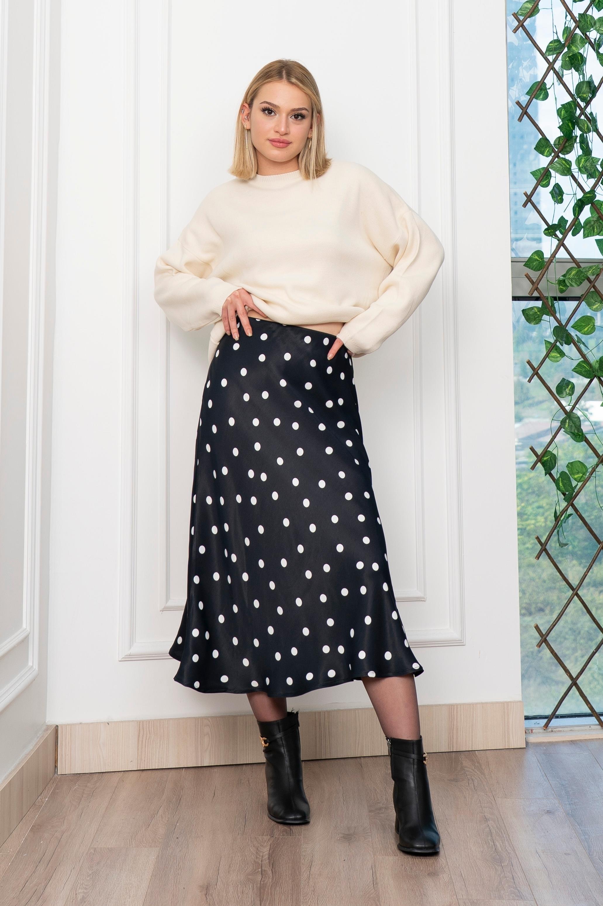 Puantiyeli Beli Lastikli Saten Viskon Etek 6822