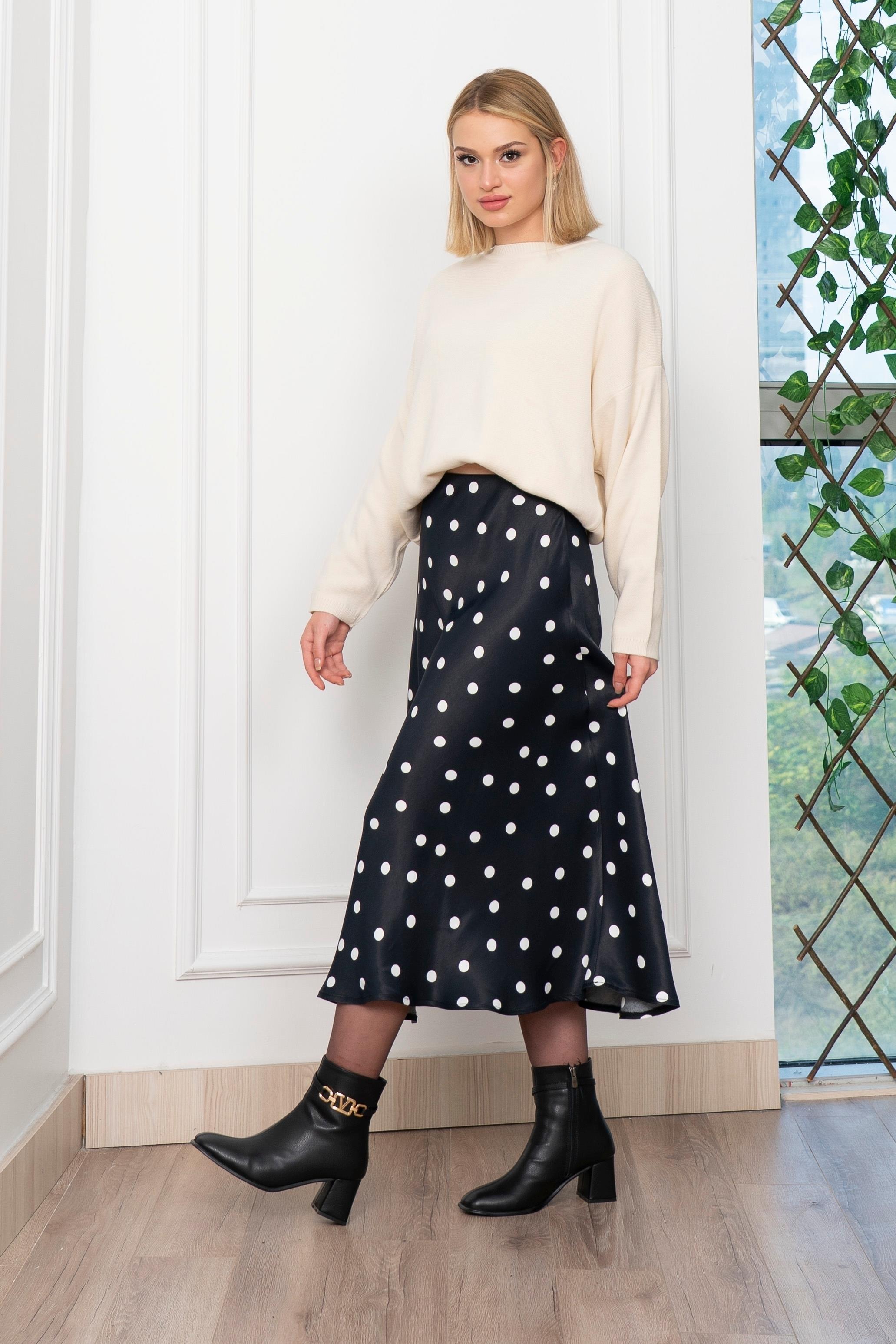 Puantiyeli Beli Lastikli Saten Viskon Etek 6822