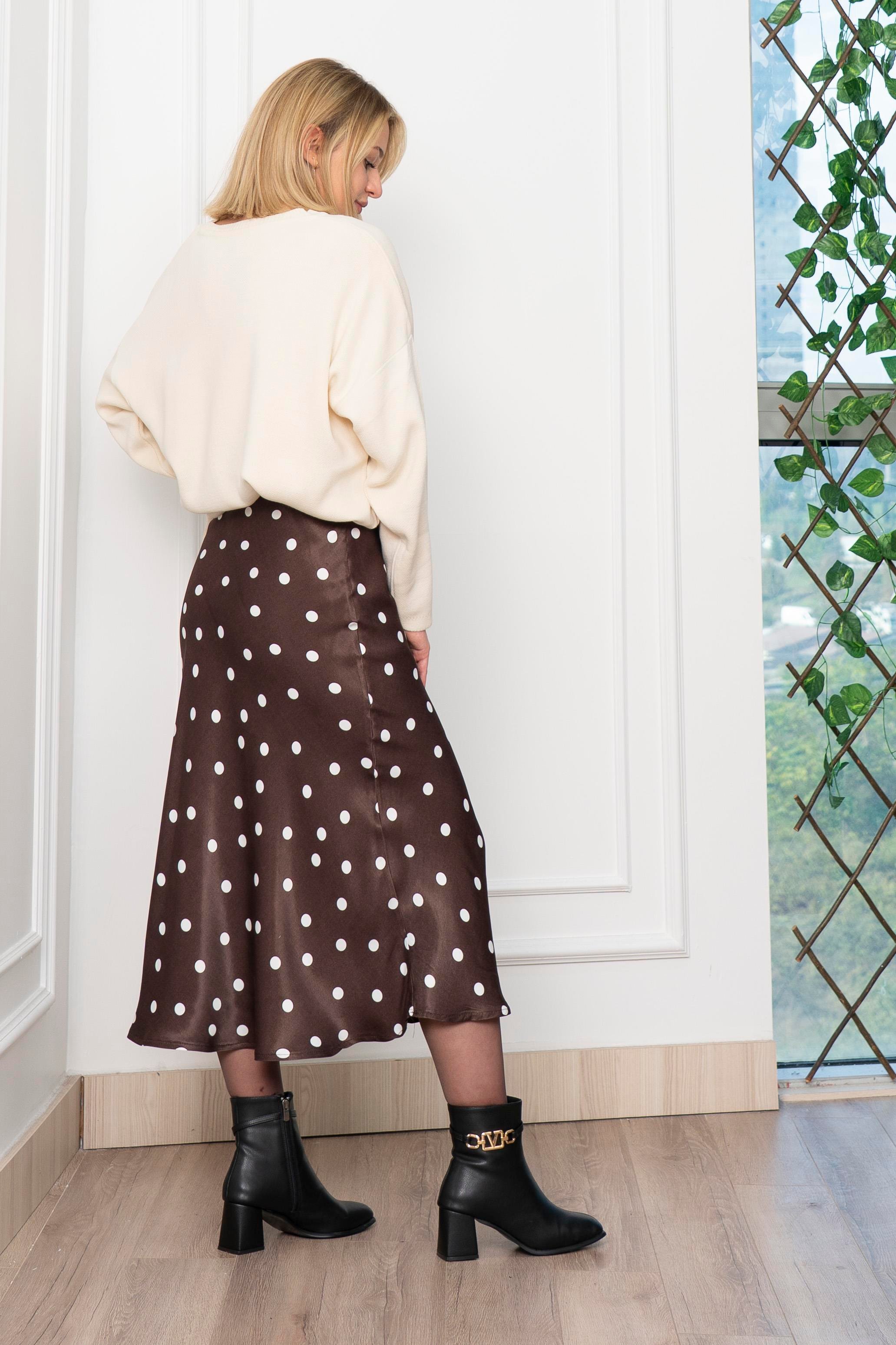 Puantiyeli Beli Lastikli Saten Viskon Etek 6822