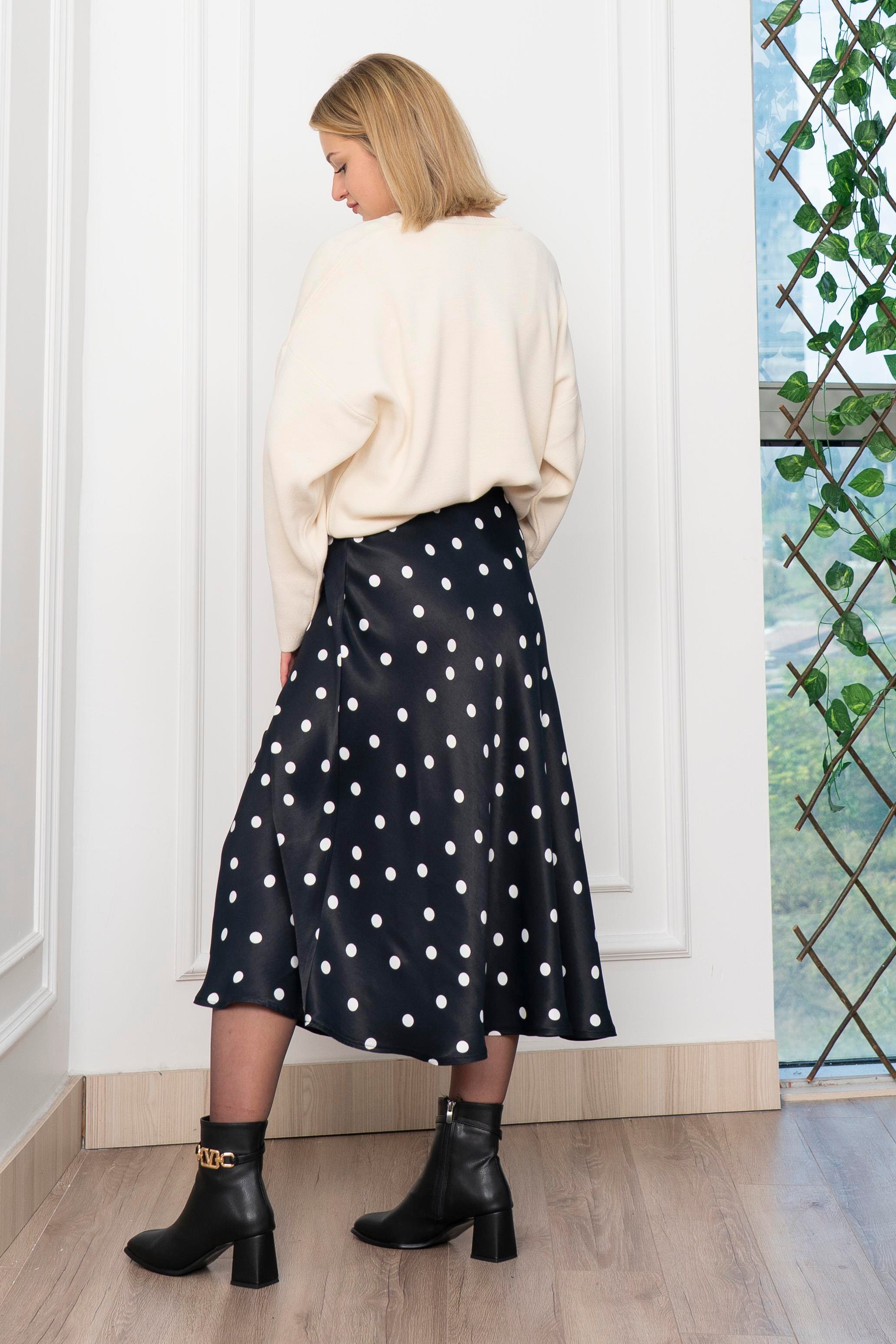 Puantiyeli Beli Lastikli Saten Viskon Etek 6822