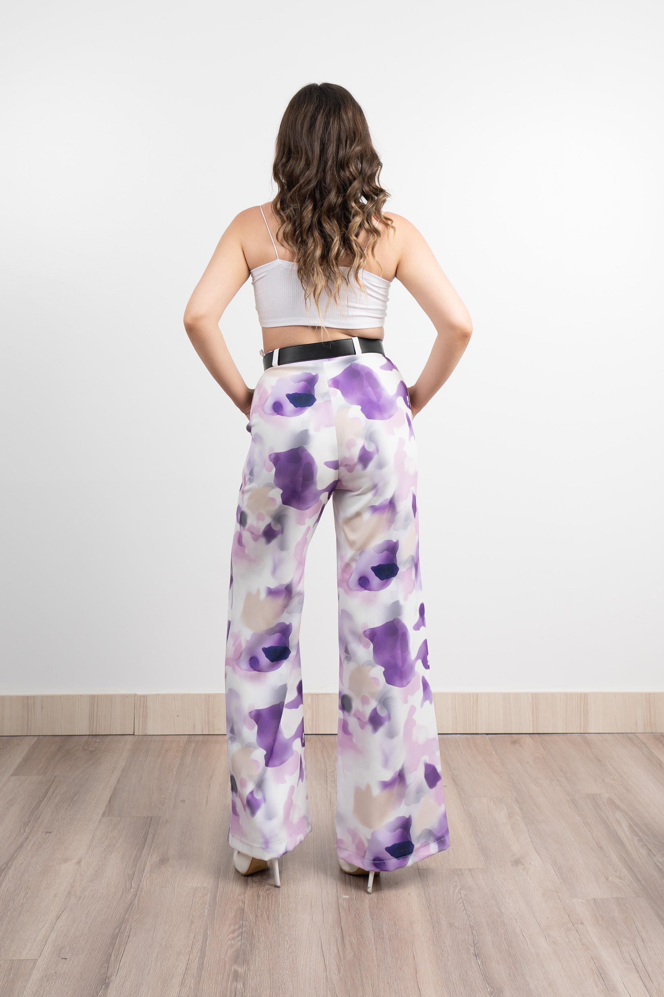 Renkli Bol Paça Kemerli ve Cepli Kumaş Pantolon 30031