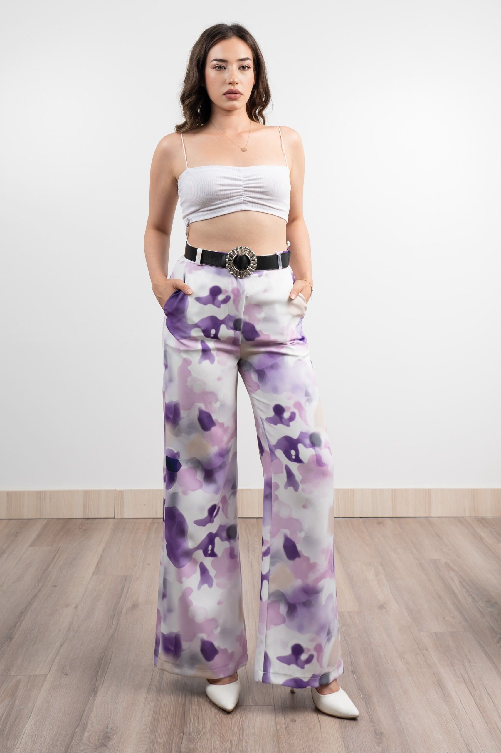 Renkli Bol Paça Kemerli ve Cepli Kumaş Pantolon 30031