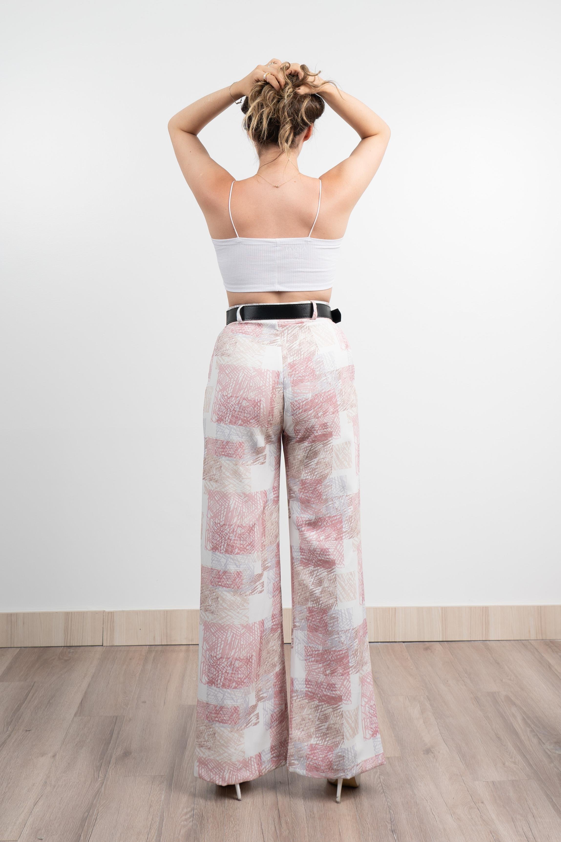 Renkli Bol Paça Kemerli ve Cepli Kumaş Pantolon 30031