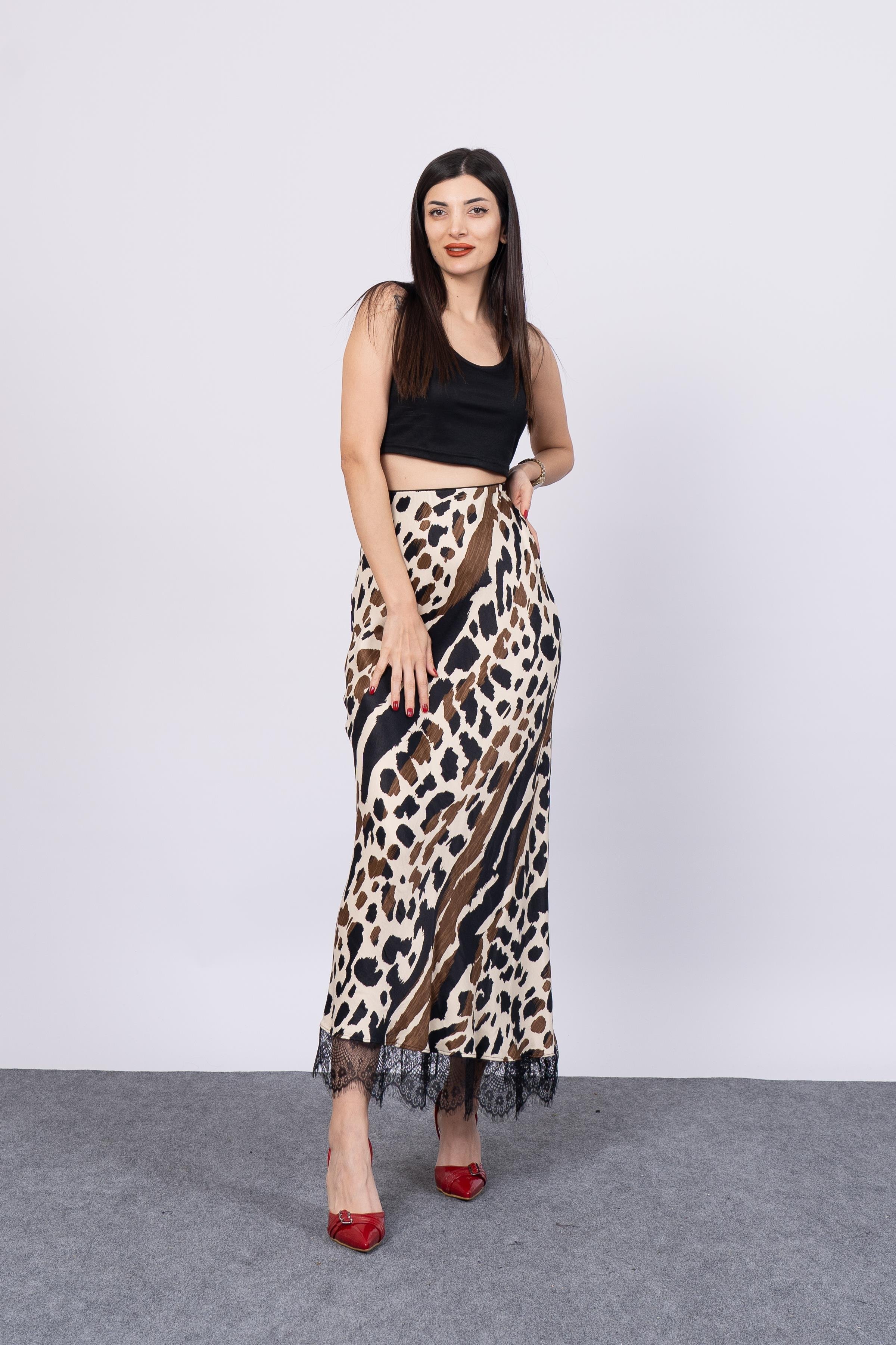 Saten Leopar Dantelli Uzun Etek 6750