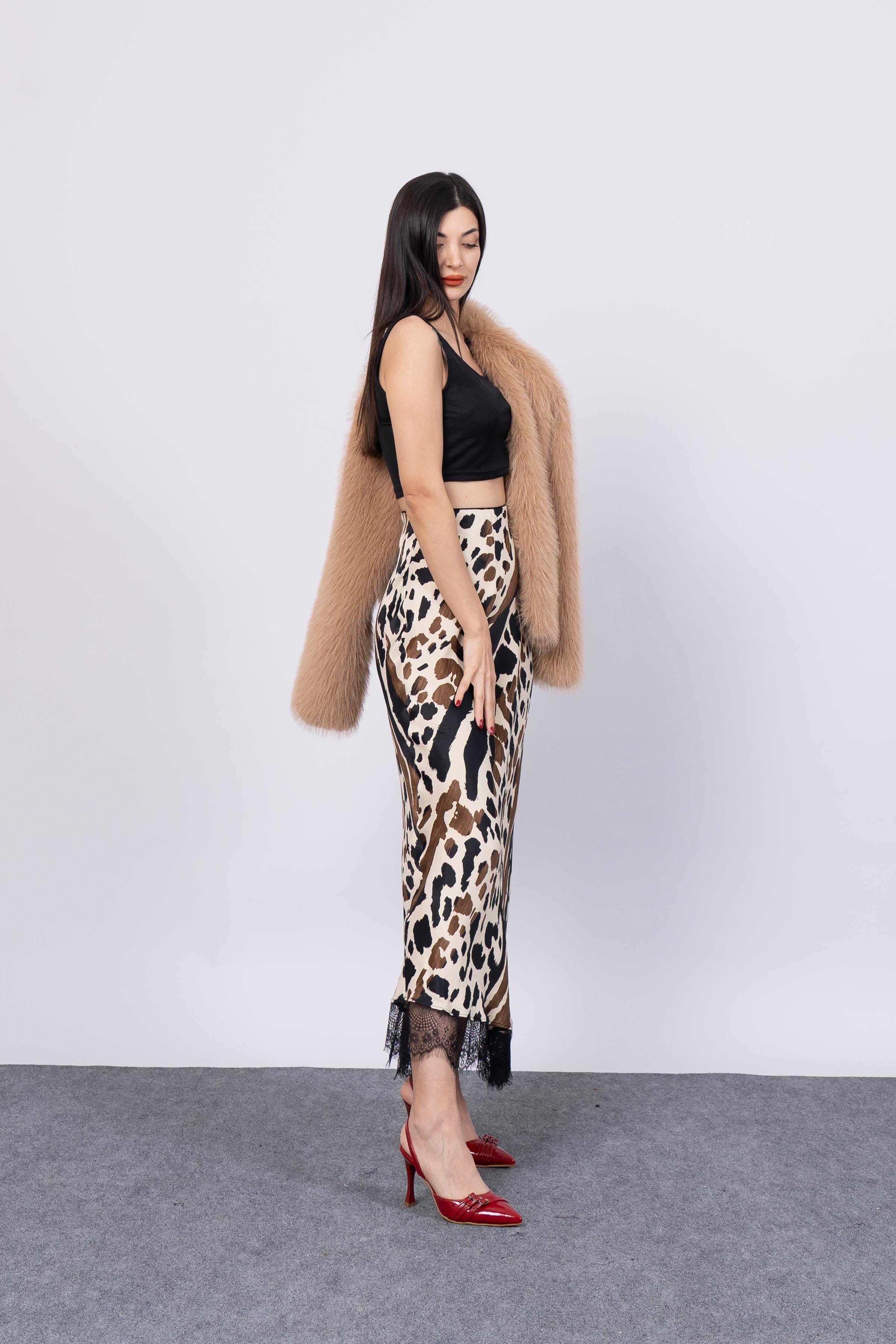 Saten Leopar Dantelli Uzun Etek 6750