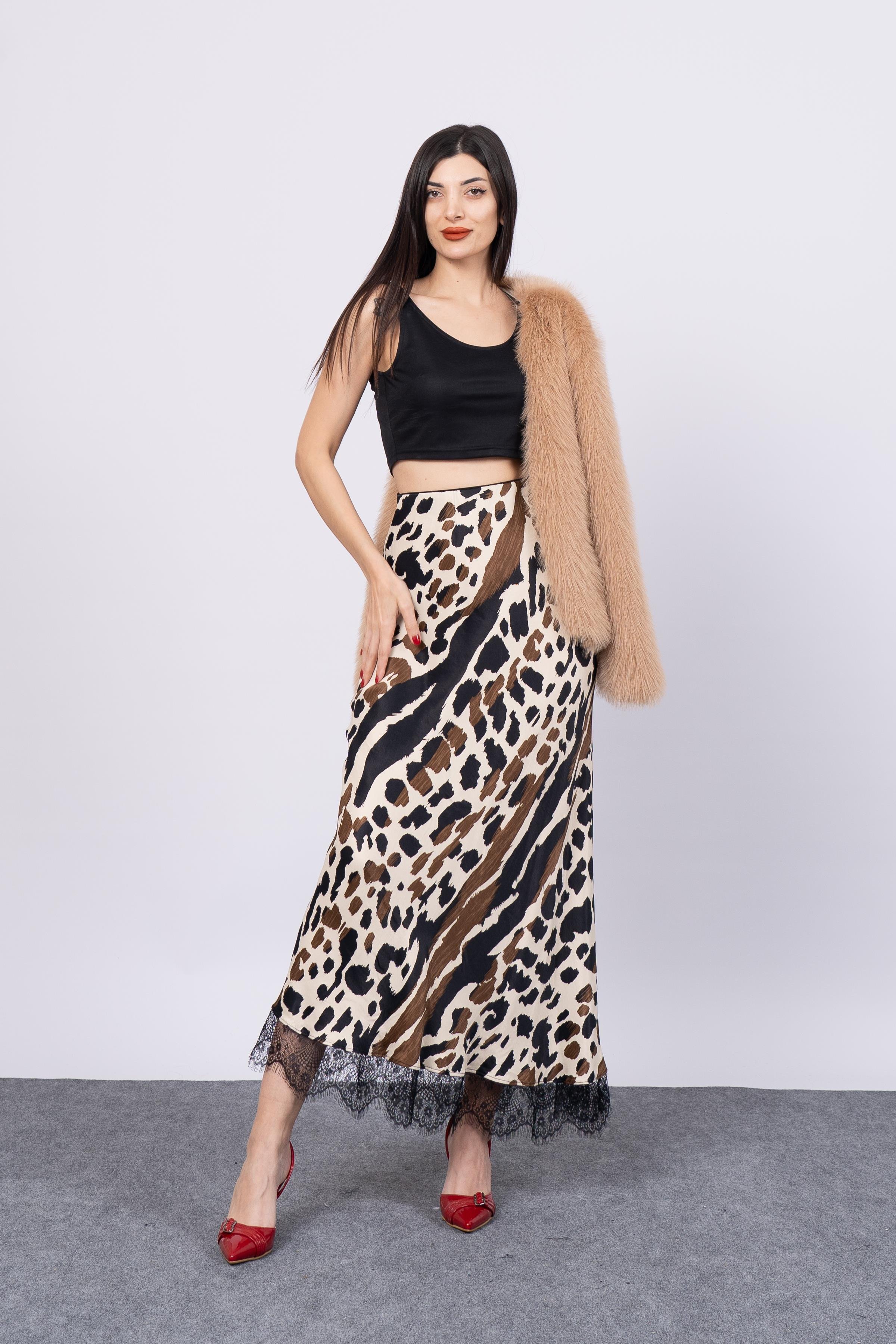 Saten Leopar Dantelli Uzun Etek 6750