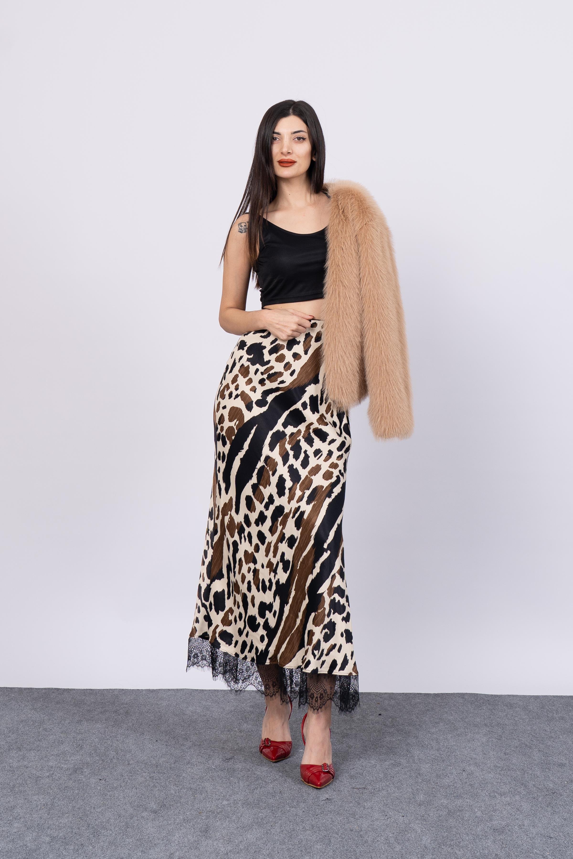 Saten Leopar Dantelli Uzun Etek 6750