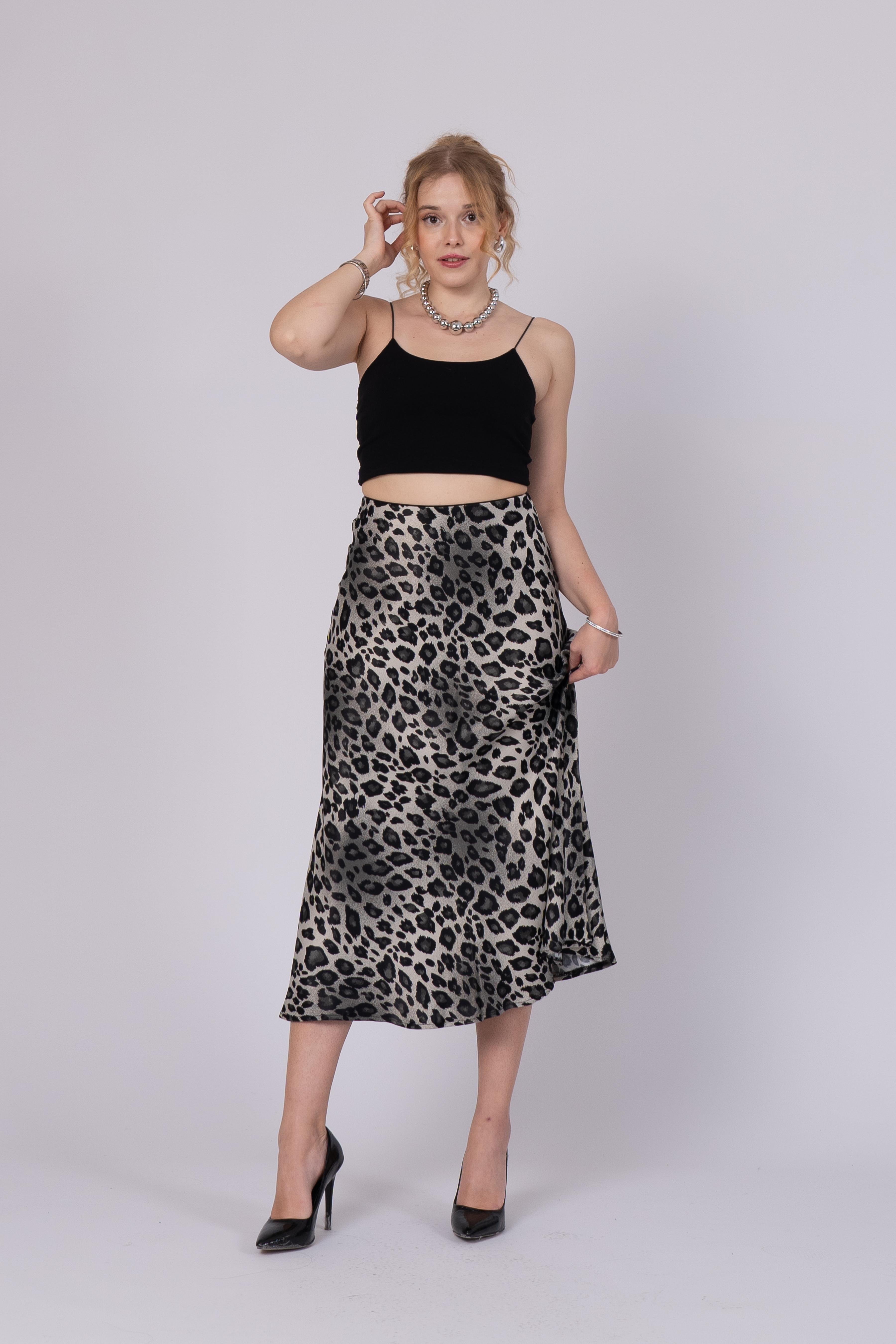 Saten Leopar Desen Beli Lastikli Etek 6718