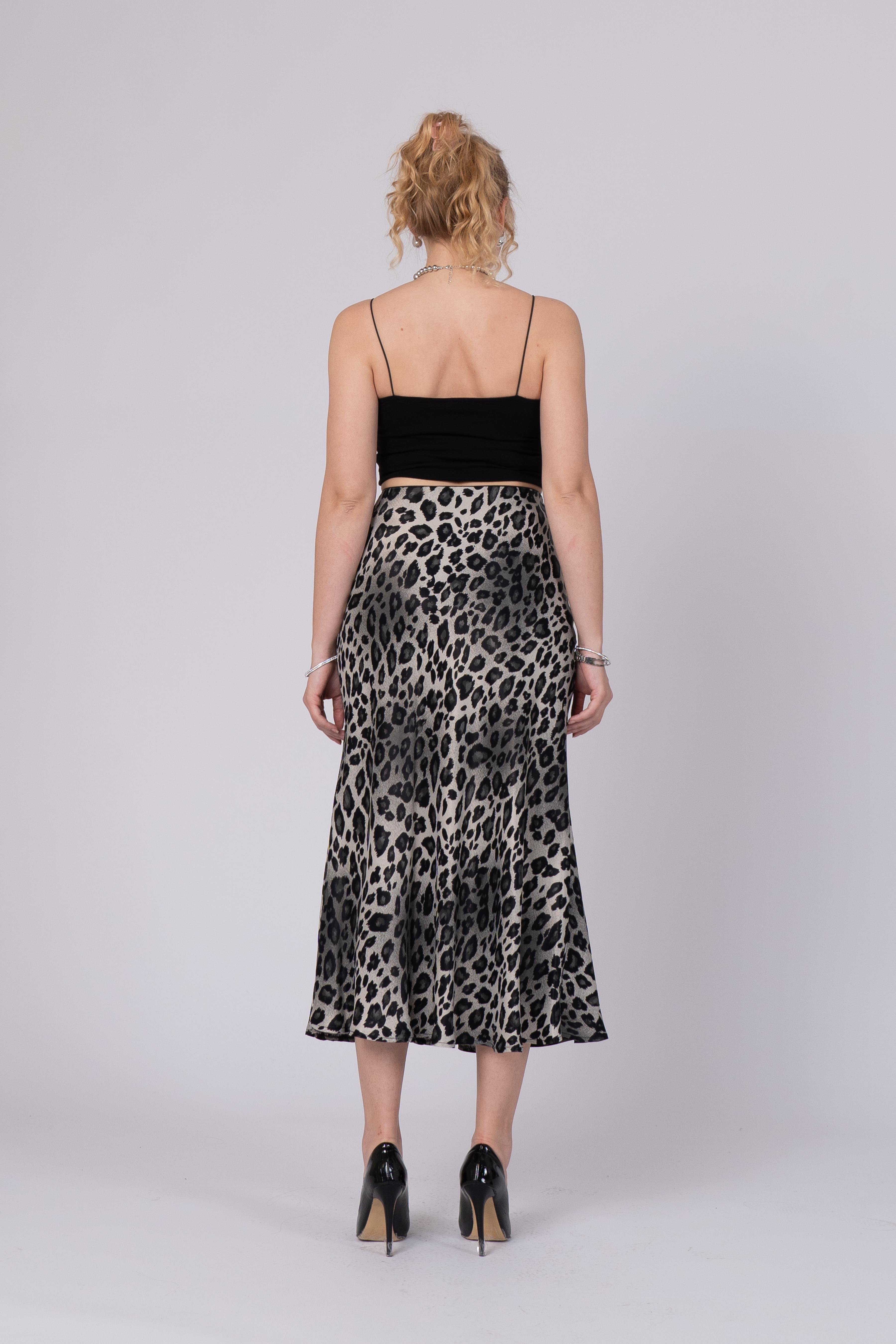 Saten Leopar Desen Beli Lastikli Etek 6718