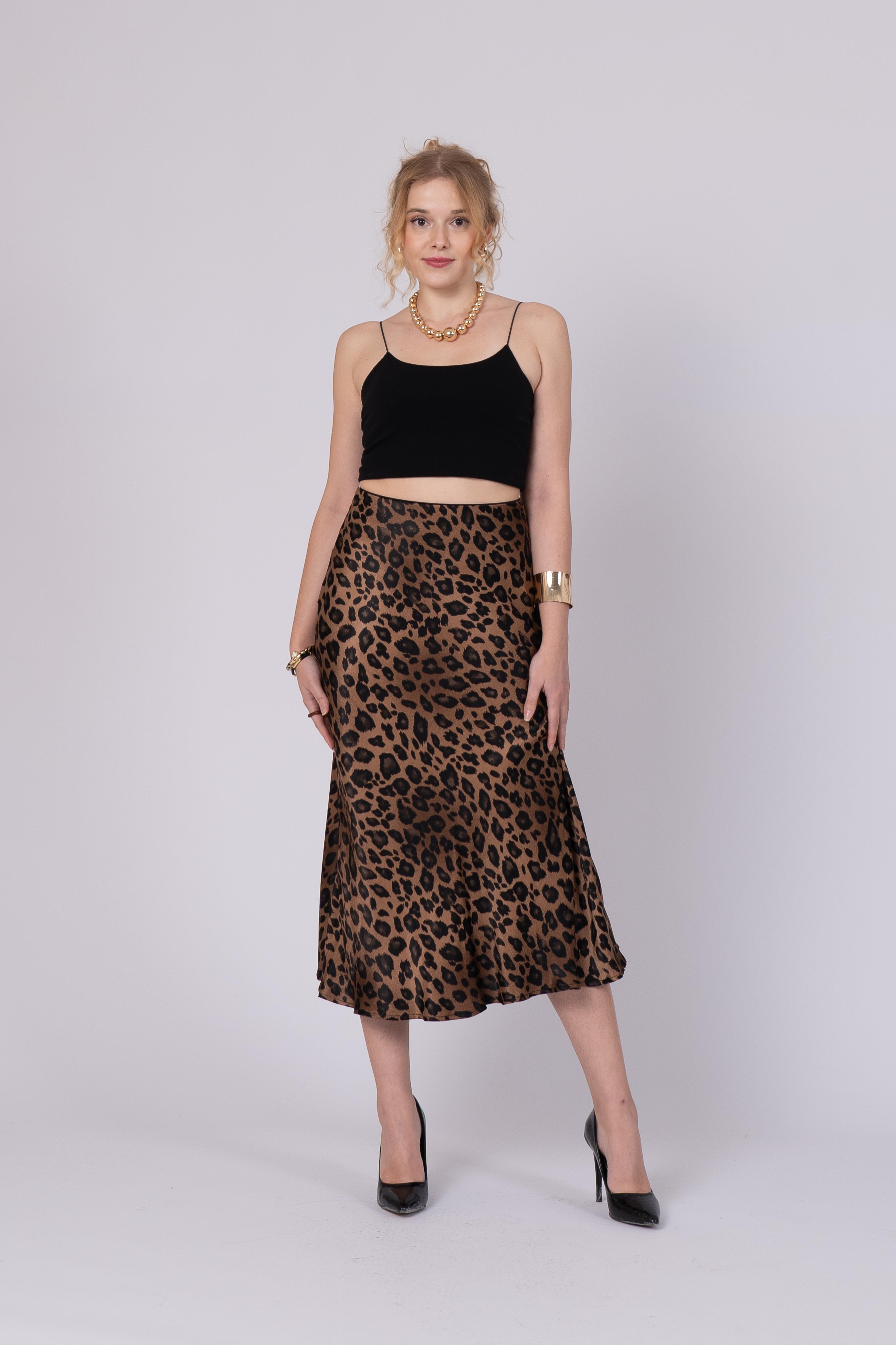 Saten Leopar Desen Beli Lastikli Etek 6718