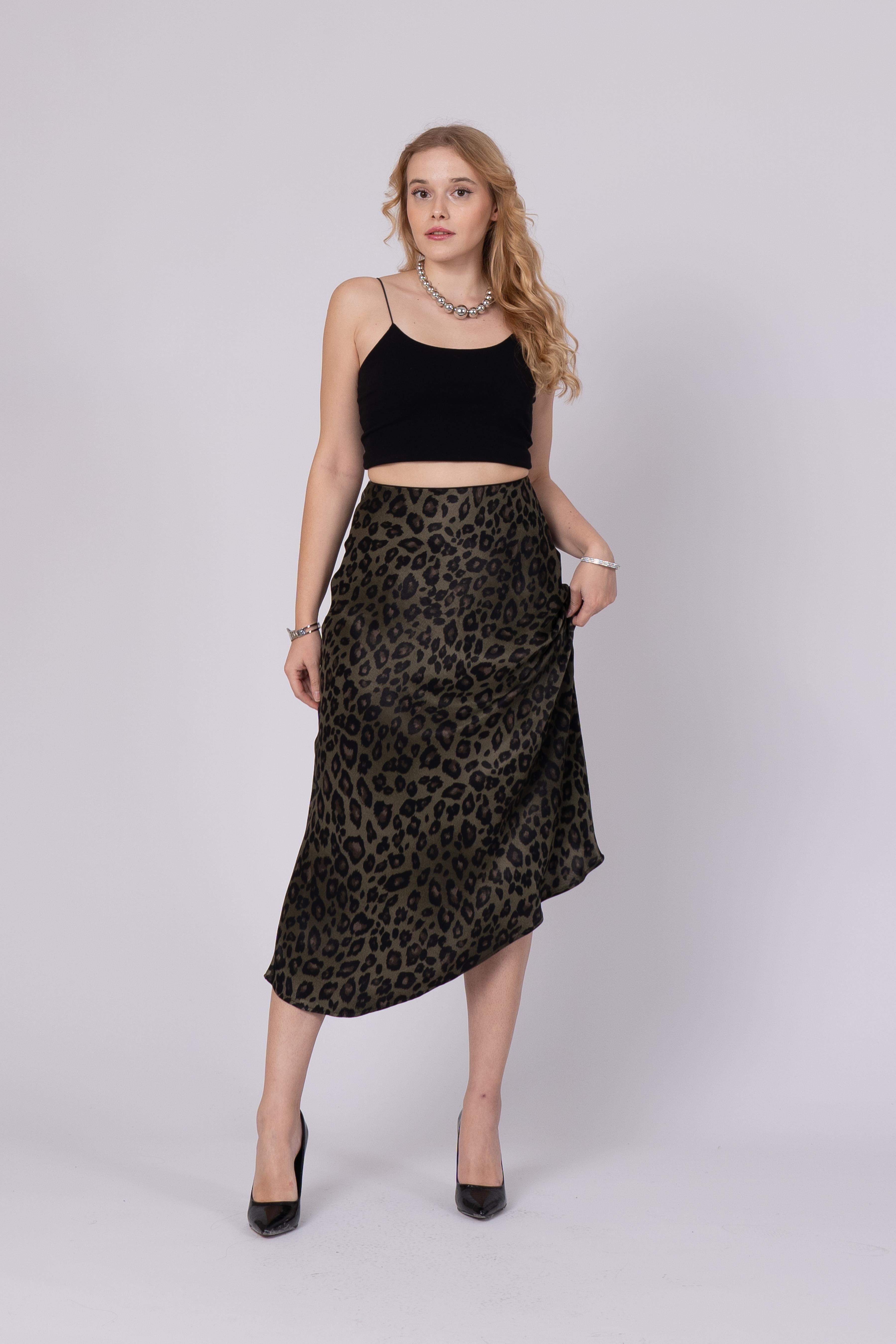 Saten Leopar Desen Beli Lastikli Etek 6718