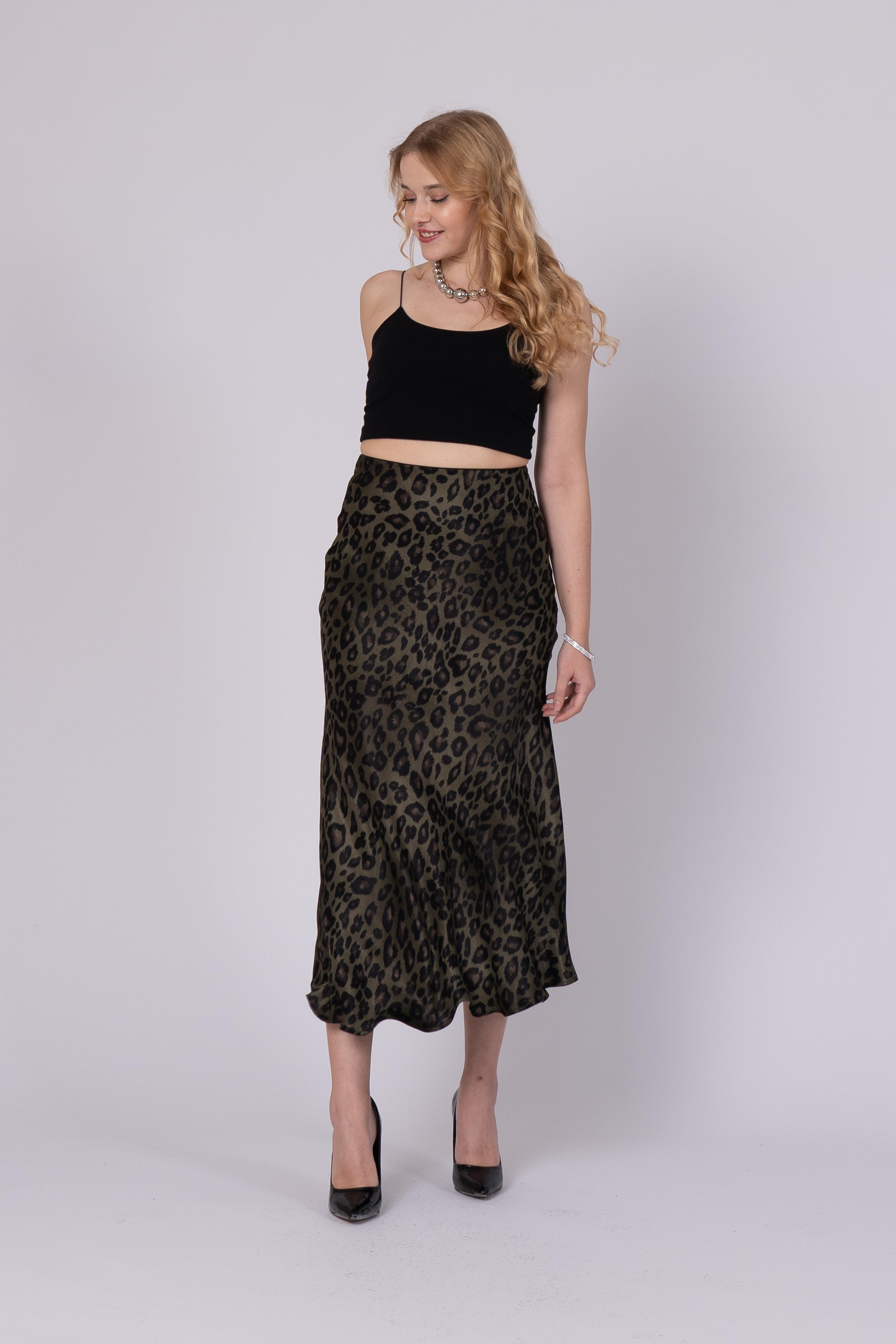 Saten Leopar Desen Beli Lastikli Etek 6718