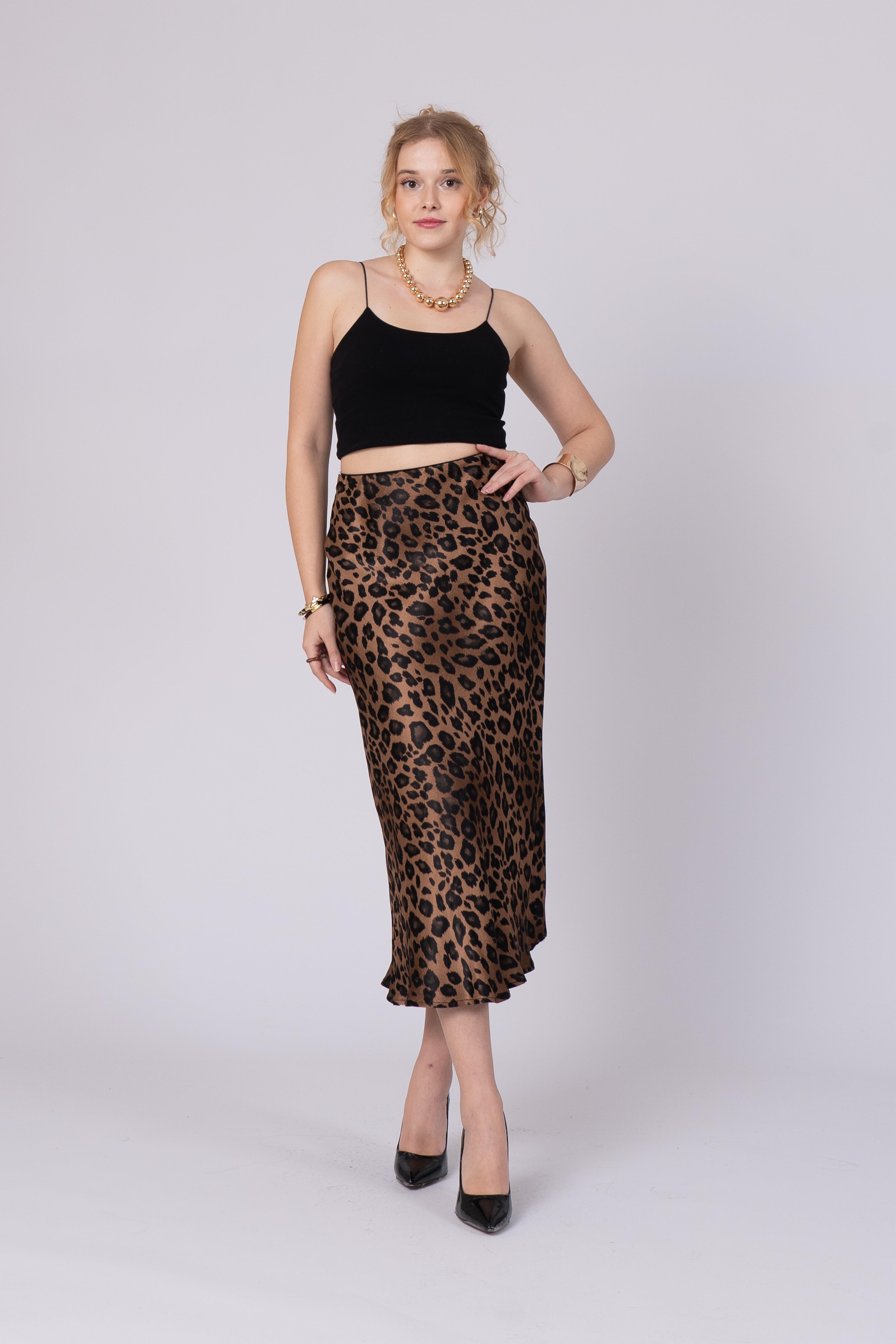 Saten Leopar Desen Beli Lastikli Etek 6718