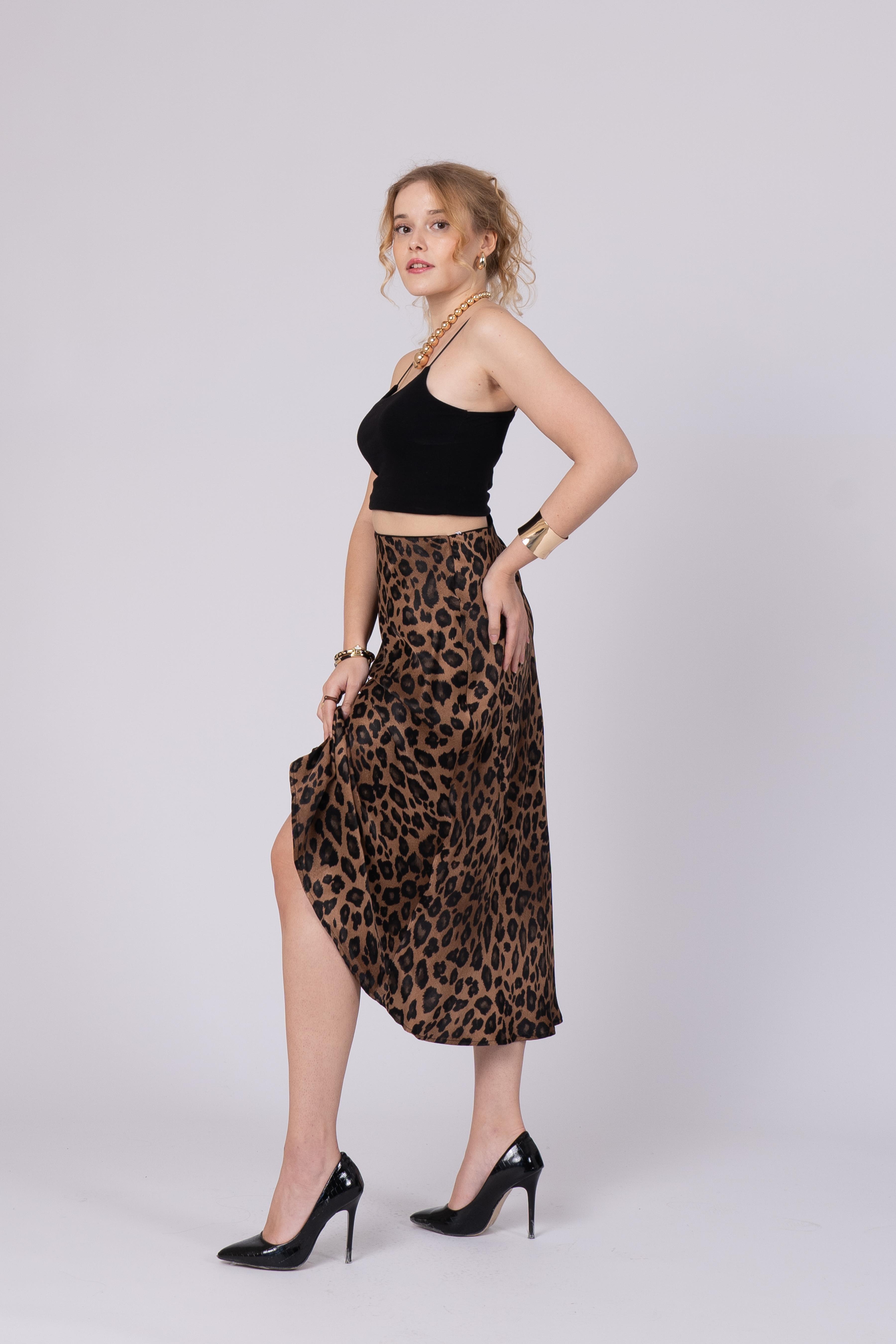 Saten Leopar Desen Beli Lastikli Etek 6718