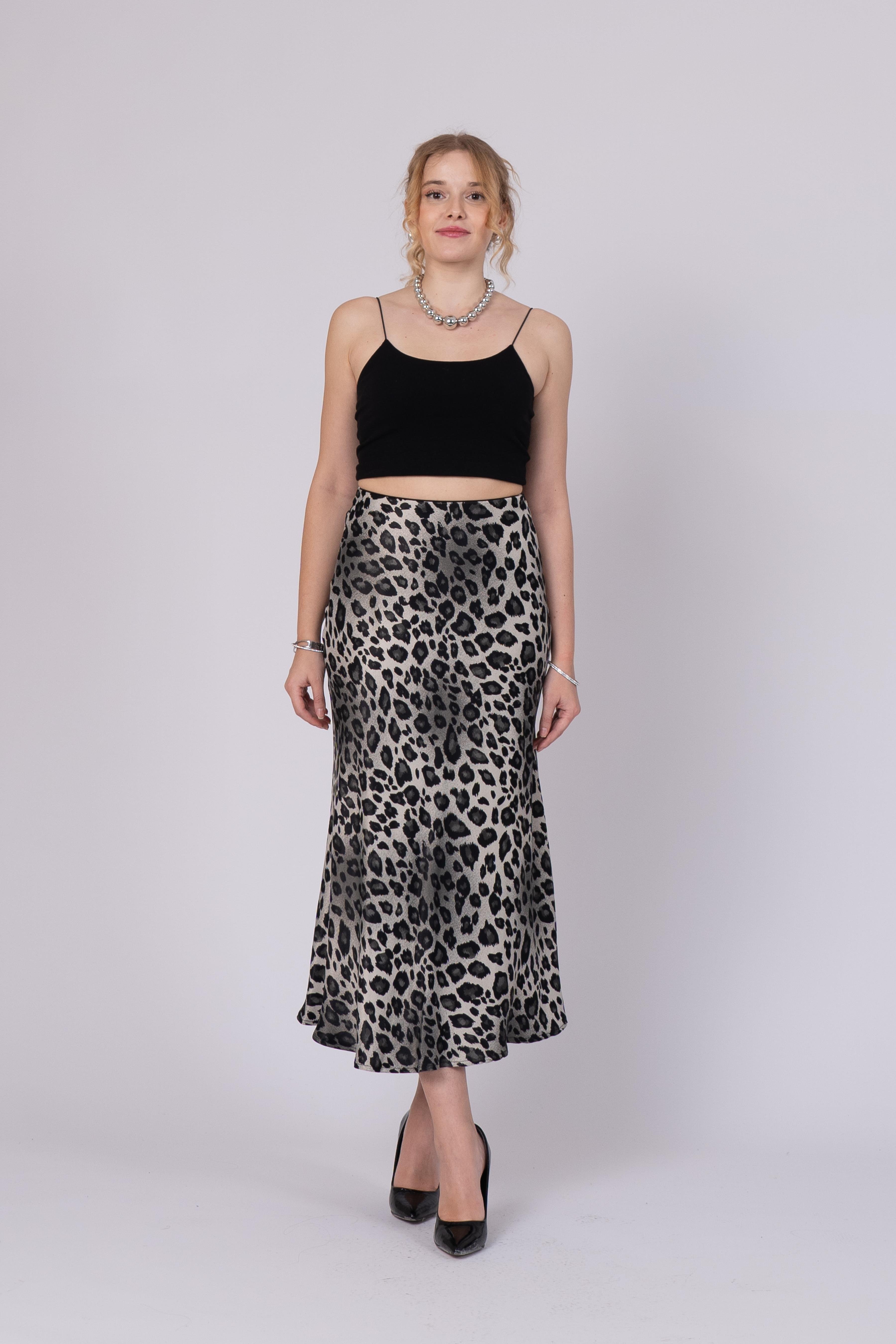 Saten Leopar Desen Beli Lastikli Etek 6718