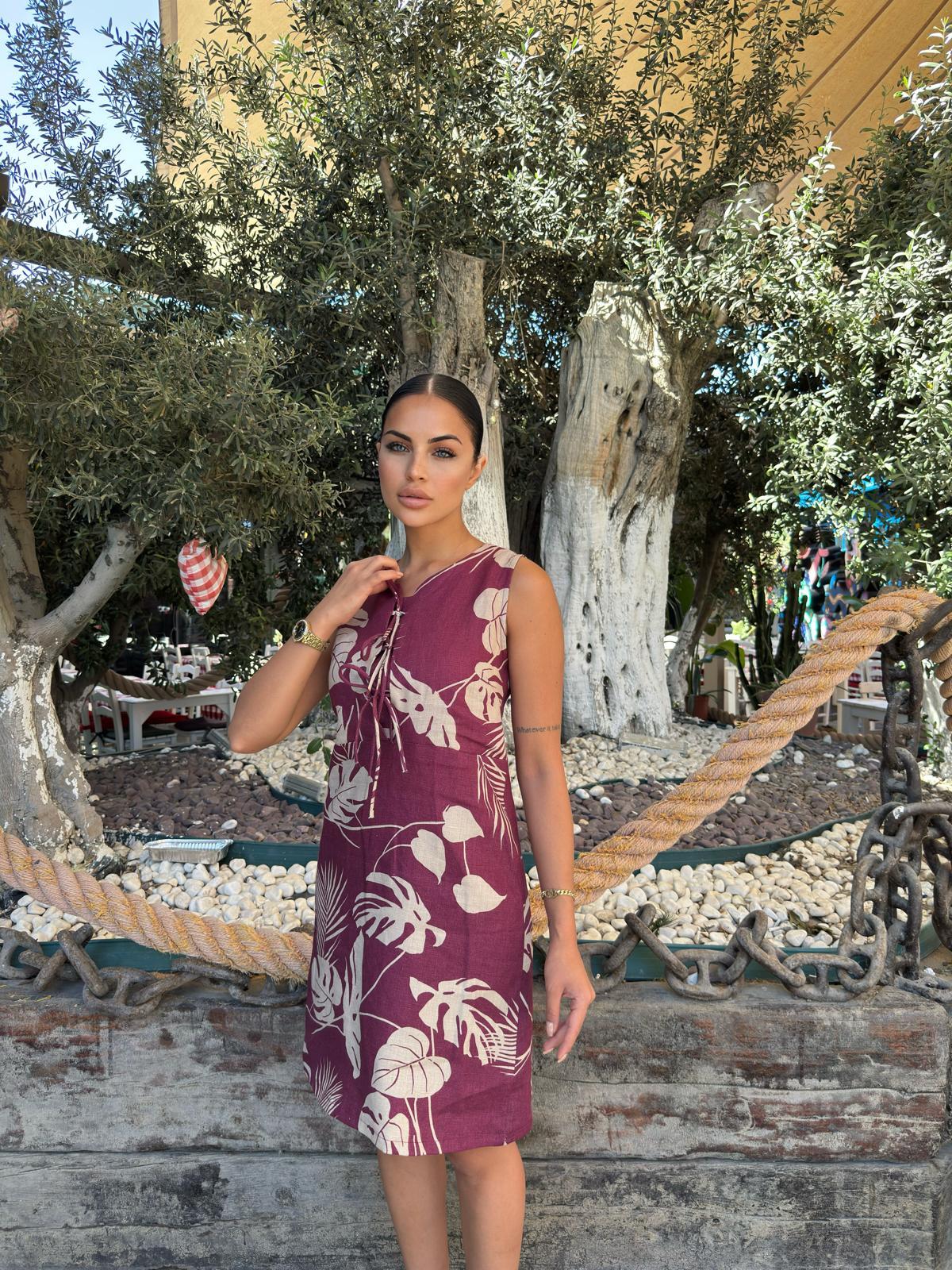 Spagetti Fiyonk Keten Yaprak Desen Elbise 50330