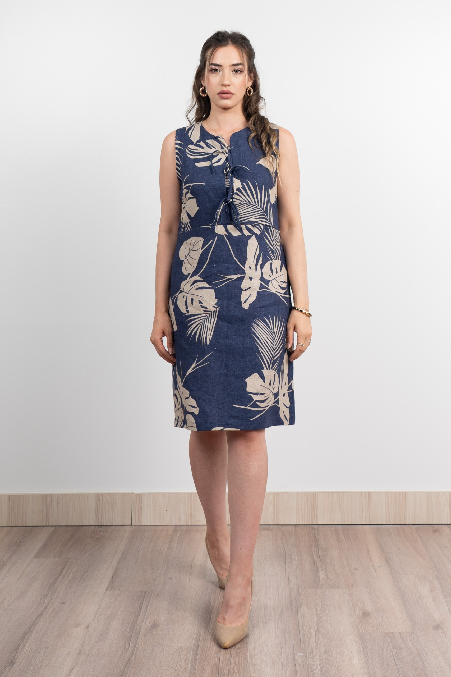 Spagetti Fiyonk Keten Yaprak Desen Elbise 50330